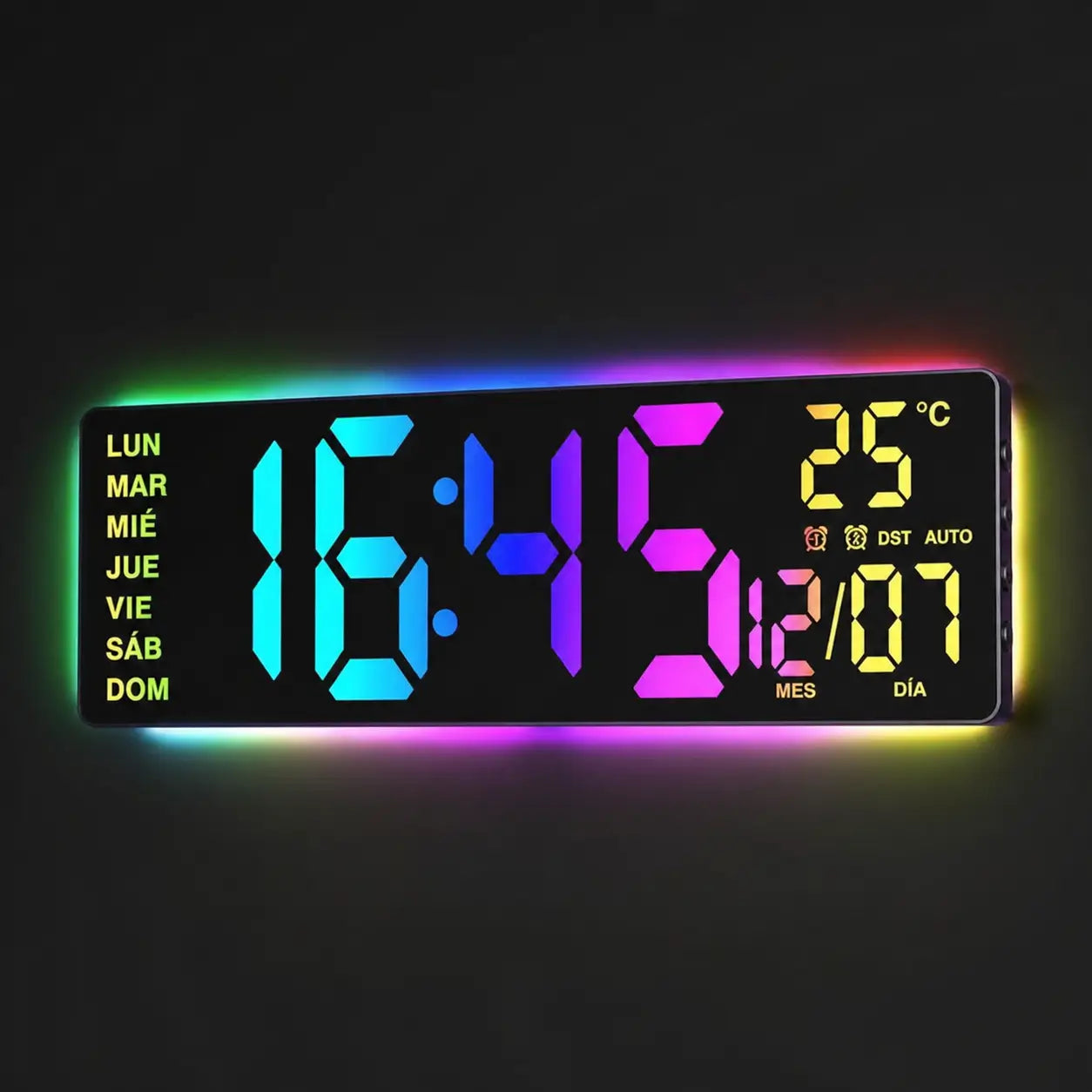 Reloj digital de pared LED 16.5 pulgadas con luz RGB, Bluetooth y alarmas dobles para sala, oficina, cocina o setup gamer