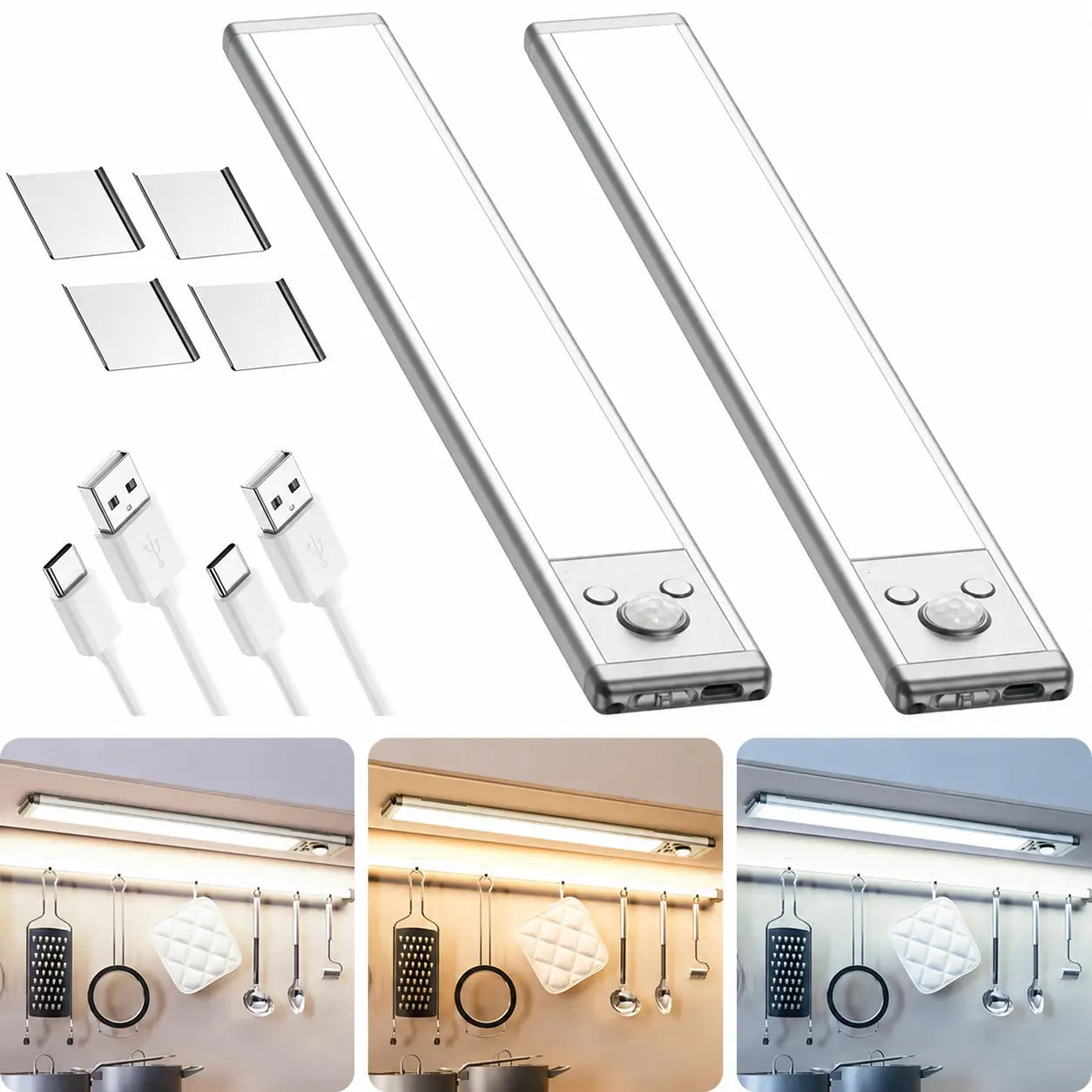Paquete de 2 lámparas LED bajo gabinete con sensor de movimiento, carga USB-C y brillo regulable para cocina, clóset y escaleras
