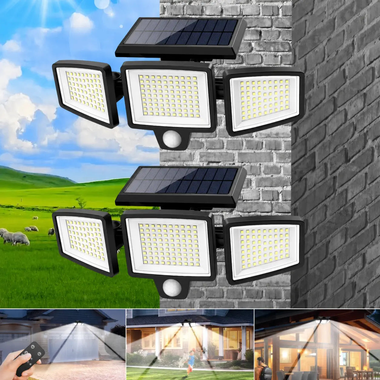 Lámpara solar exterior amplia de seguridad 2500LM con 3 cabezales, sensor de movimiento y control remoto para patio, cochera y jardín