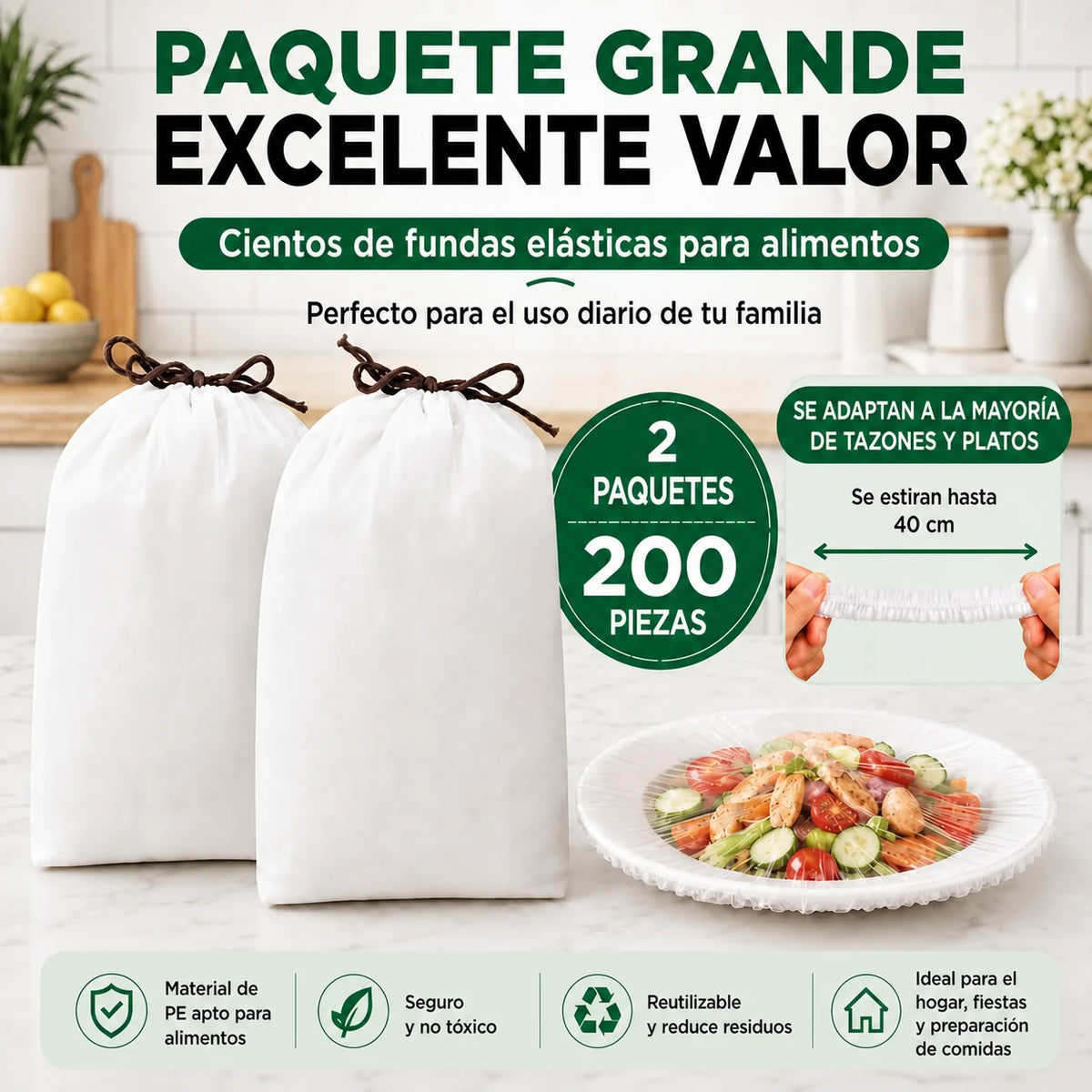 Cubiertas elásticas reutilizables para bowls, platos y recipientes, sin plástico adherente