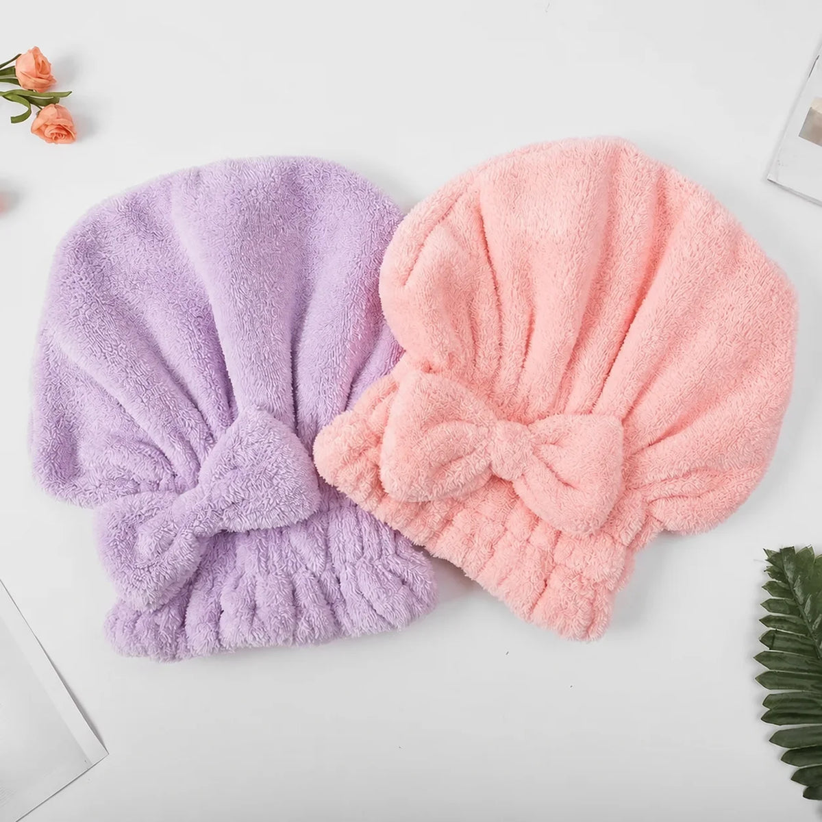 Set de 2 gorros absorbentes para secar cabello con moño, toalla suave reutilizable para ducha y rutina de viaje diaria femenina