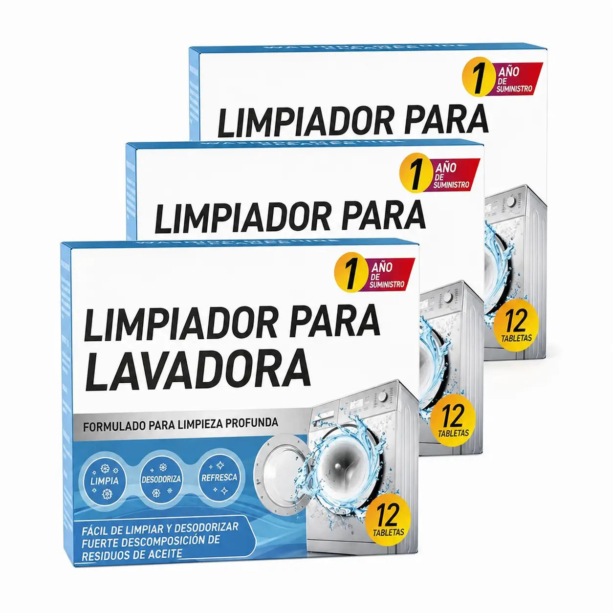 Tabletas limpiadoras para lavadora 12 piezas, limpieza profunda y desodorización de tambor y sello en carga frontal o superior HE doméstica