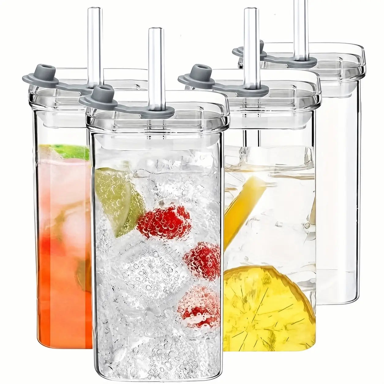 Set de 4 vasos de vidrio cuadrados con tapa y popote, 350 ml, para café frío, jugos y cocteles en casa u oficina
