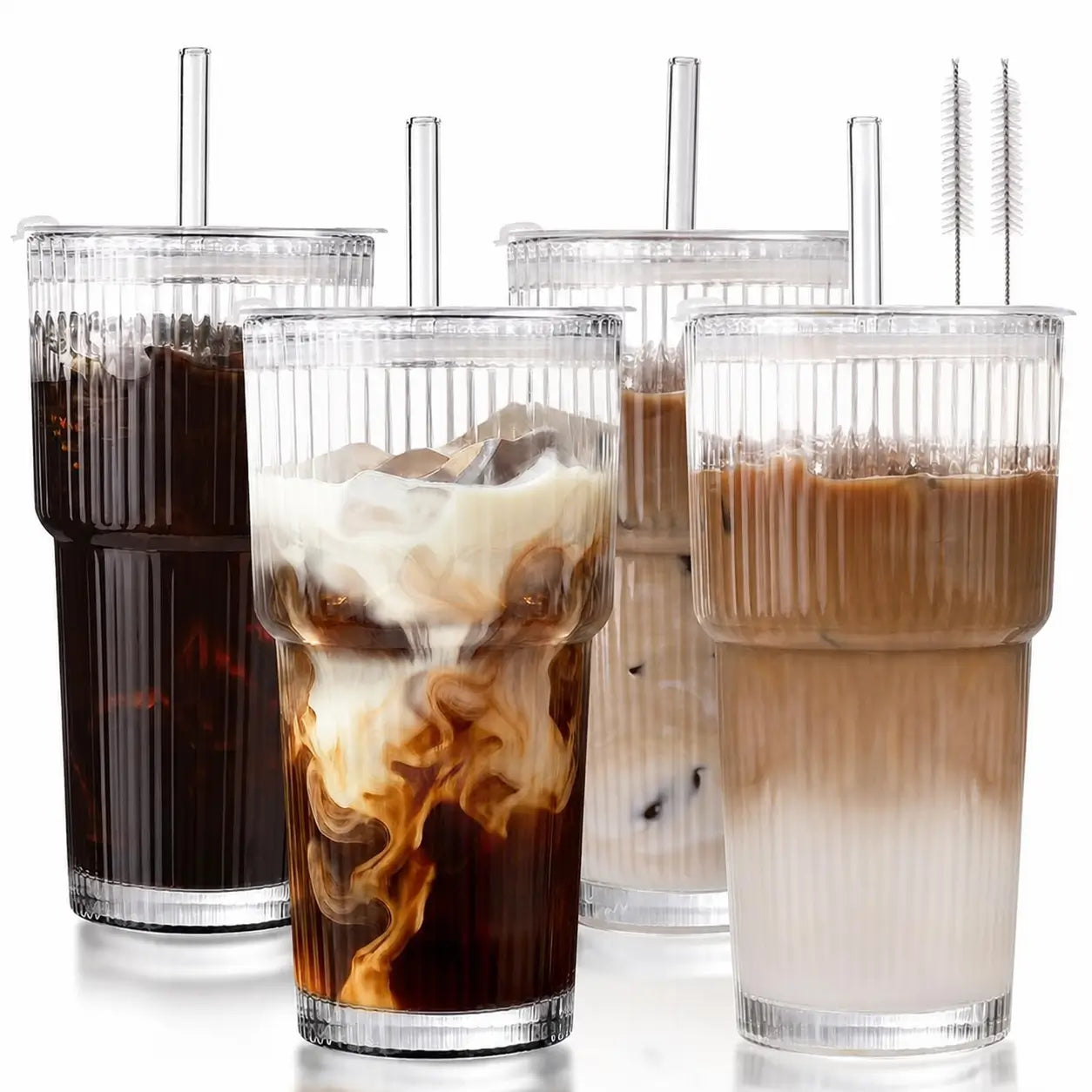 Set de 4 vasos de vidrio acanalado con tapa y popote reutilizable para café frío, smoothies y bebidas diarias sin derrames