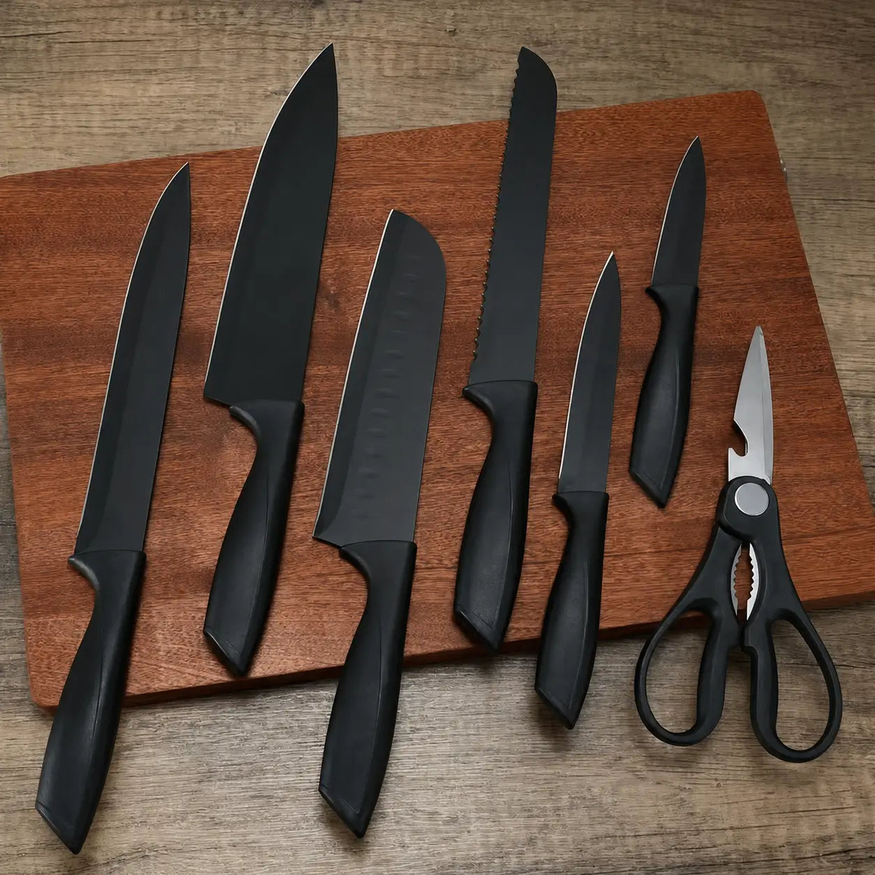 Set completo de cuchillos negros de 8 piezas resistentes al óxido con tijeras y bloque para cocina diaria en tu hogar con cortes precisos