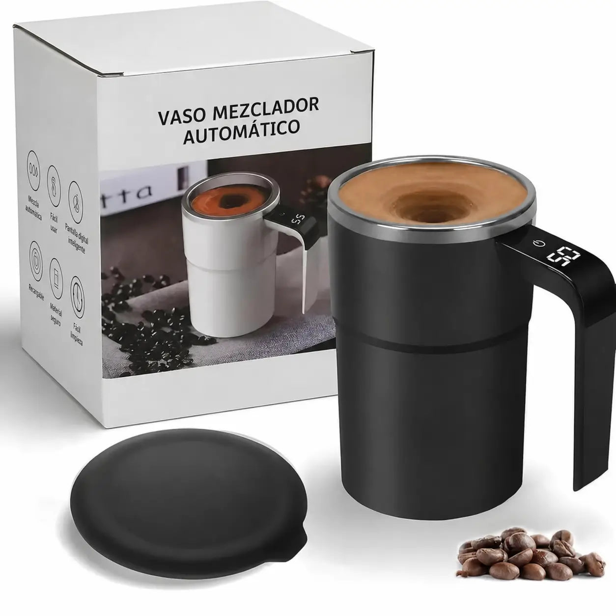 Taza mezcladora automática recargable con agitador magnético y termómetro LCD para café, leche y bebidas sin usar cuchara