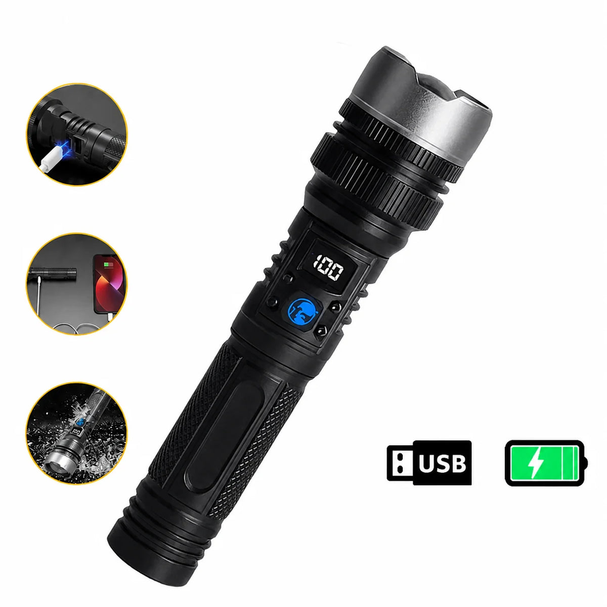 Linterna LED recargable de 2200 lúmenes con power bank, zoom ajustable, pantalla digital y resistencia al agua para camping y emergencias
