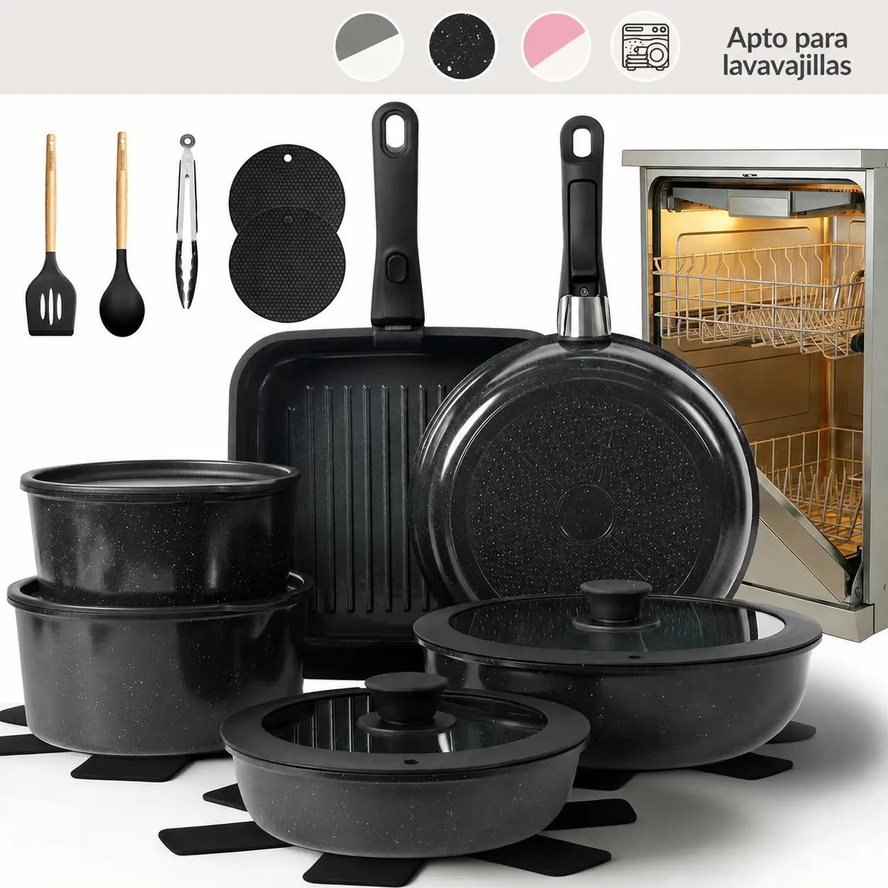 Set de ollas y sartenes cerámicos antiadherentes de 22 piezas con mango desmontable para cocina diaria y espacios pequeños en casa