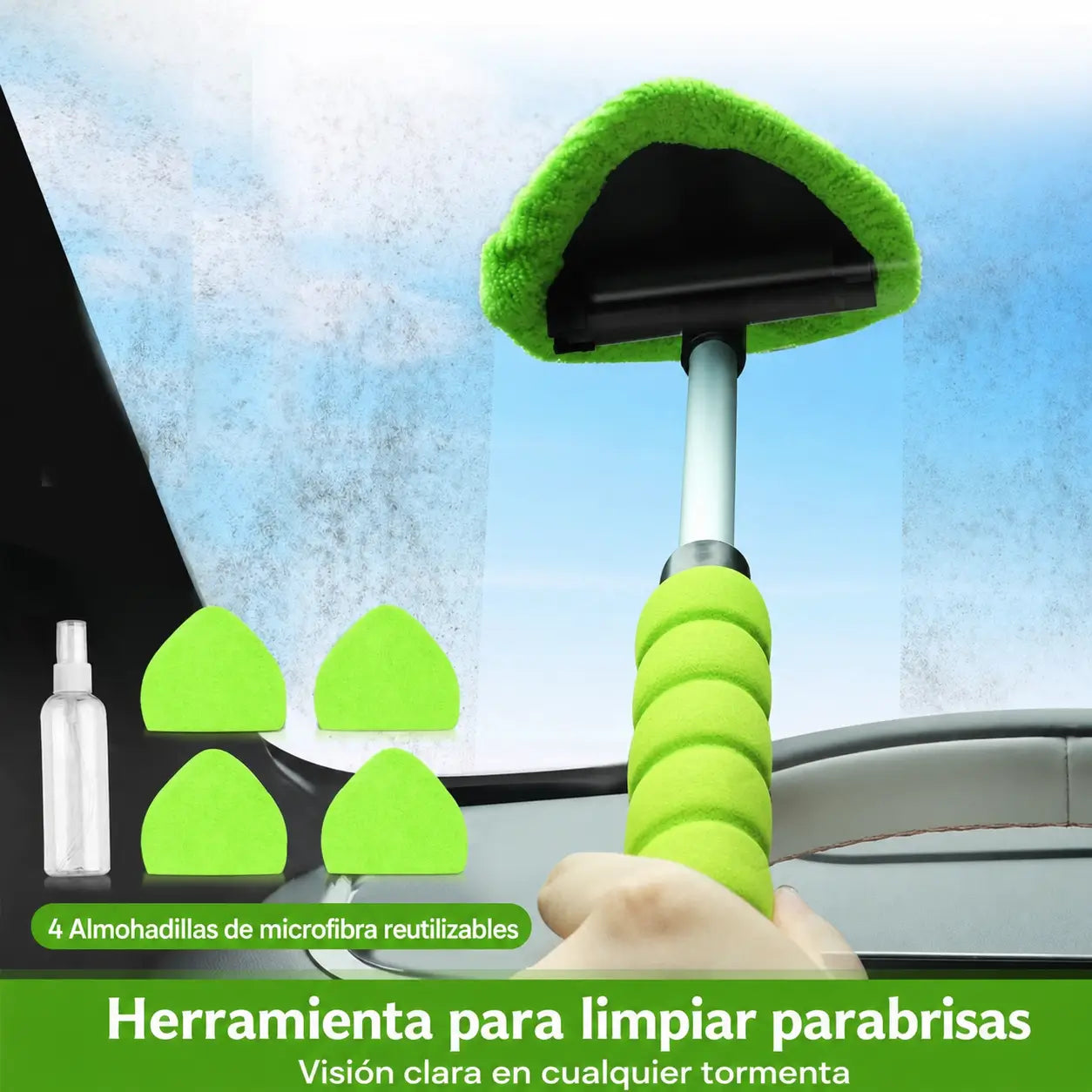 Limpiador de parabrisas extensible con cabeza triangular giratoria y 4 pads de microfibra para autos, camionetas y SUV en limpieza interior y exterior