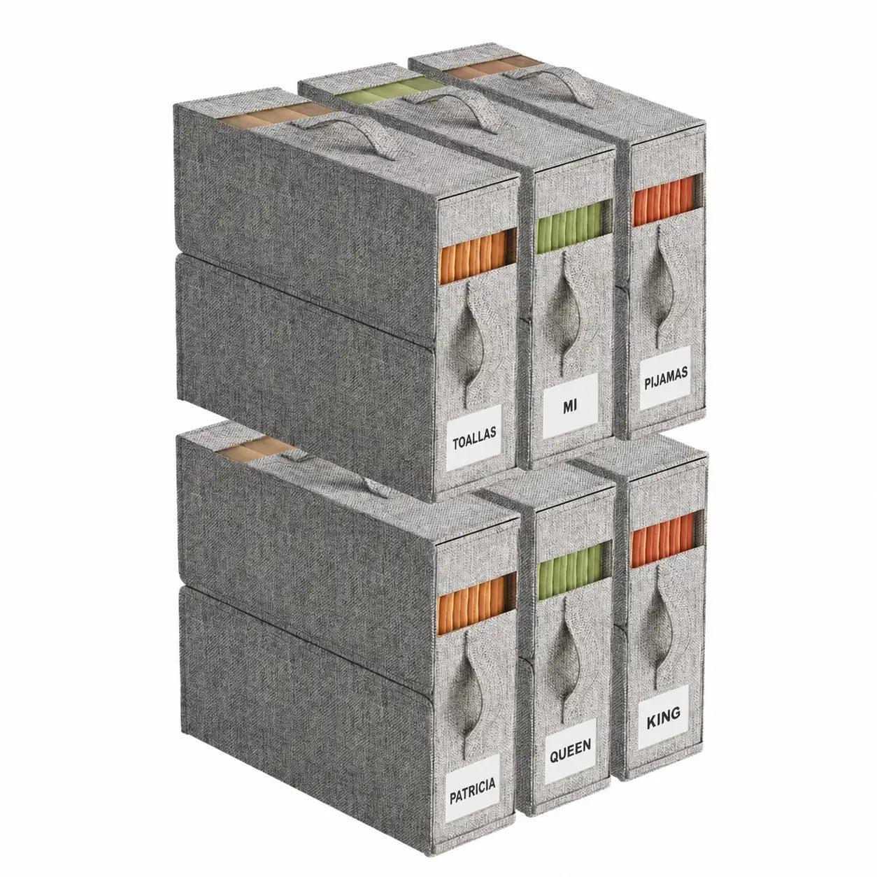 Set de 4 organizadores para sábanas con ventana transparente, cajas plegables para clóset de blancos king y queen con asa reforzada
