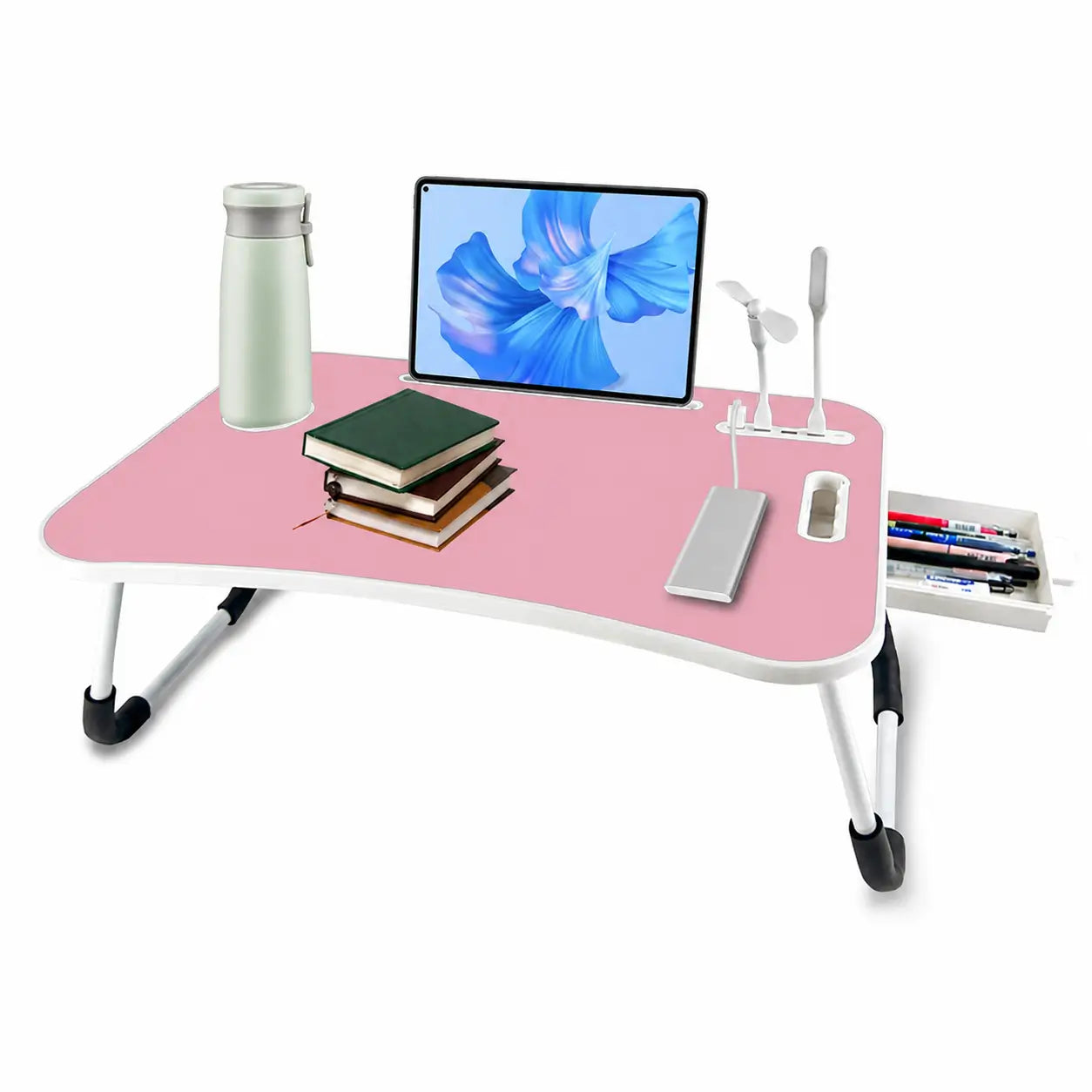Mesa plegable para laptop con 4 puertos USB, cajón y portavasos para trabajar, leer o estudiar cómodo en cama o sofá
