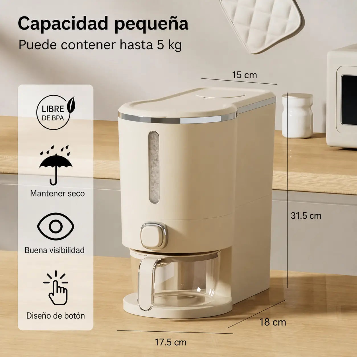 Dispensador hermético de arroz con taza medidora y protección contra insectos para cocina y despensa familiar ordenada de uso diario en casa