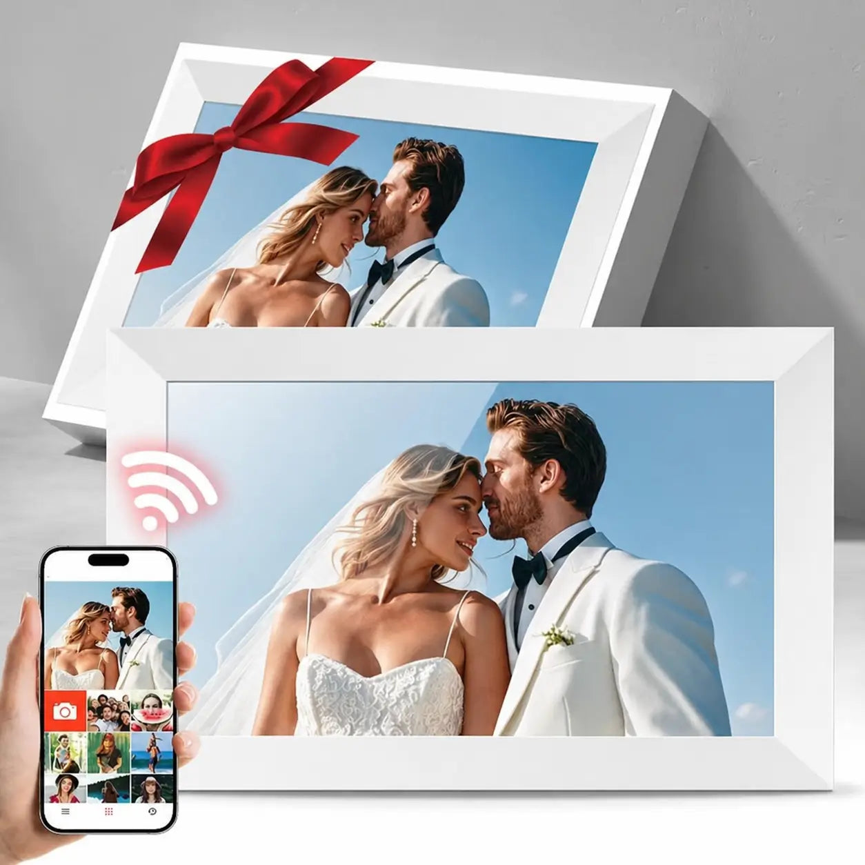 Marco digital para fotos de 10.1" con diseño decorativo de madera, memoria 32GB e instalación sencilla para casa u oficina moderna