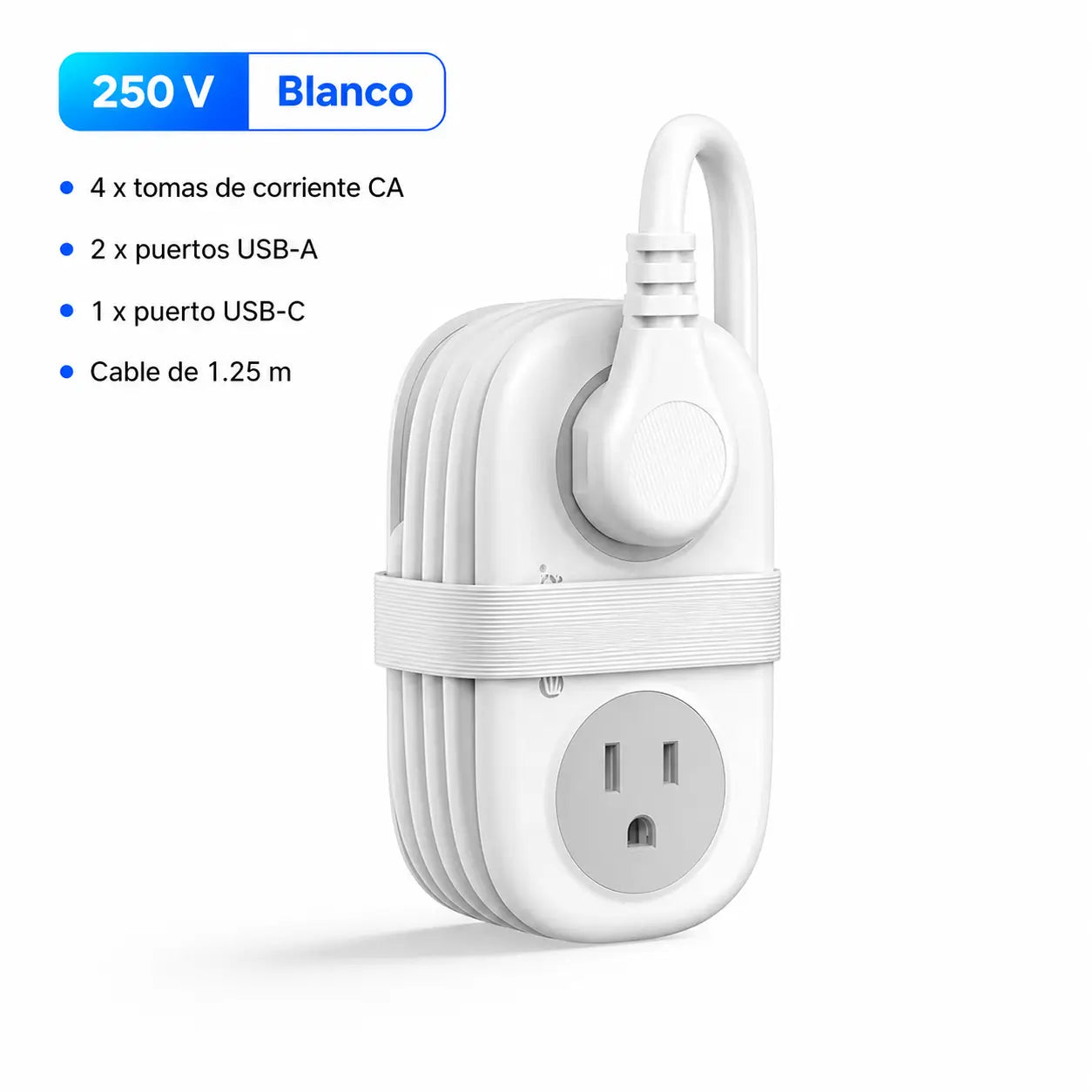 Multicontacto de viaje compacto con 4 tomas AC, USB-A y USB-C, cable de 1.25 m para hotel, crucero y escritorio ordenado