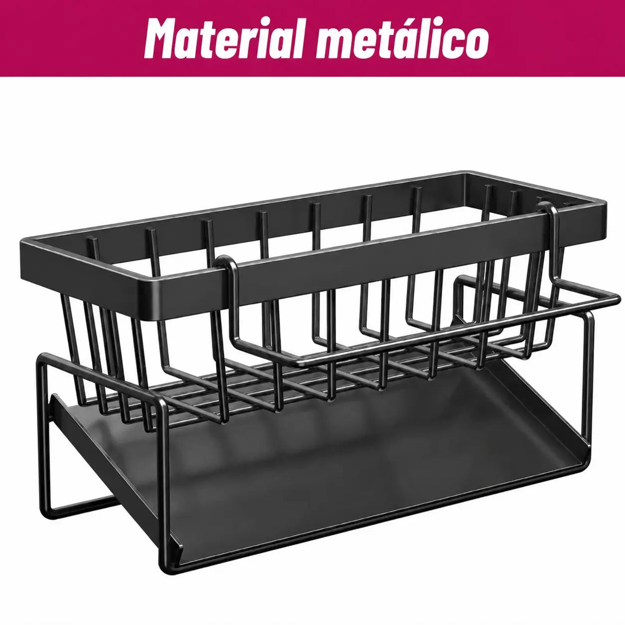 Organizador metálico para tarja con porta cepillo alto y divisores, ideal para esponjas, jabón y mantener la cocina ordenada sin ocupar espacio