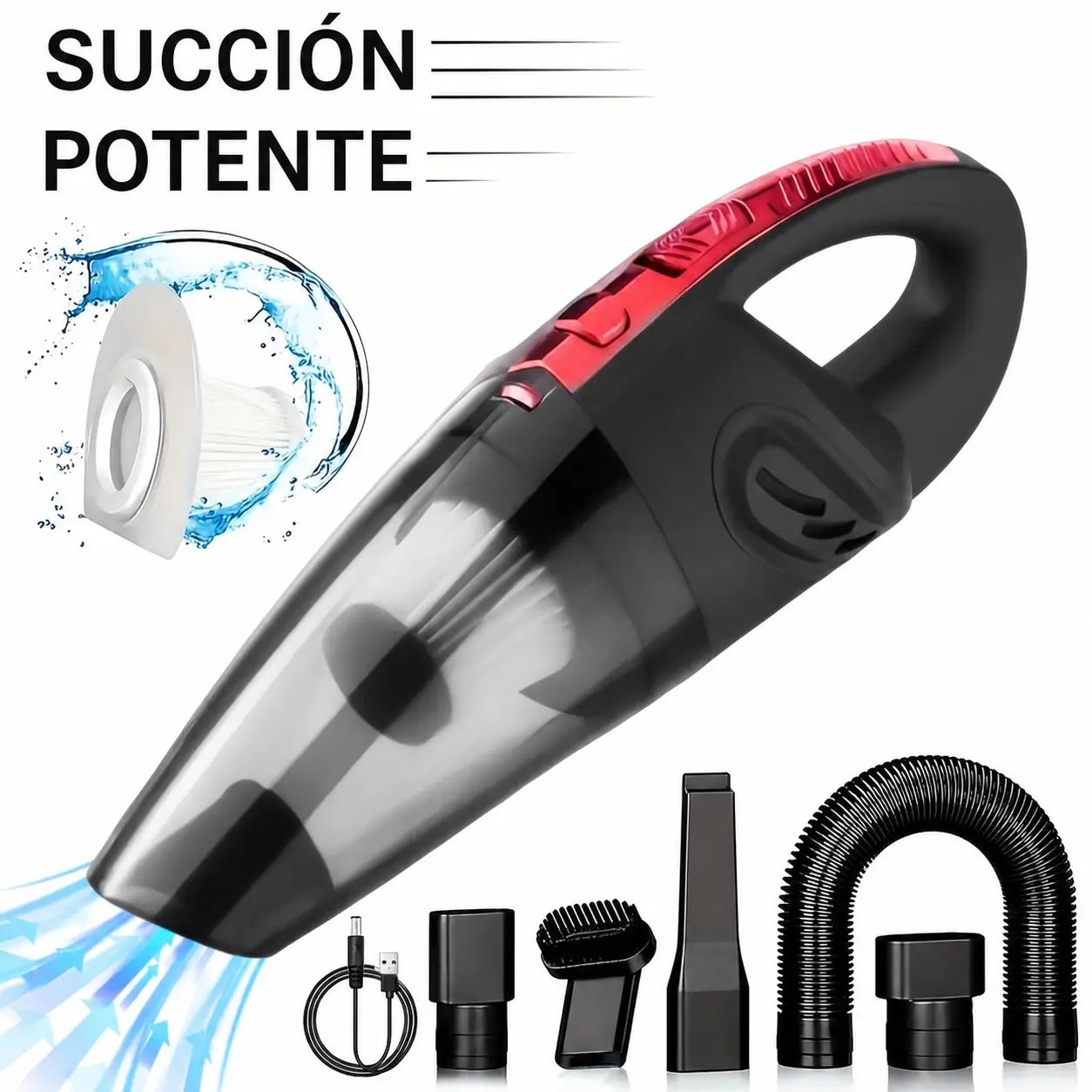 Aspiradora inalámbrica de mano para auto y hogar, succión potente para pelo de mascota, polvo, migas y líquidos con accesorios prácticos