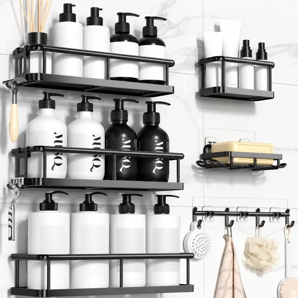 Organizador de regadera sin taladro set de 5 piezas, repisas negras antioxidantes con ganchos removibles para baño y cocina más ordenados