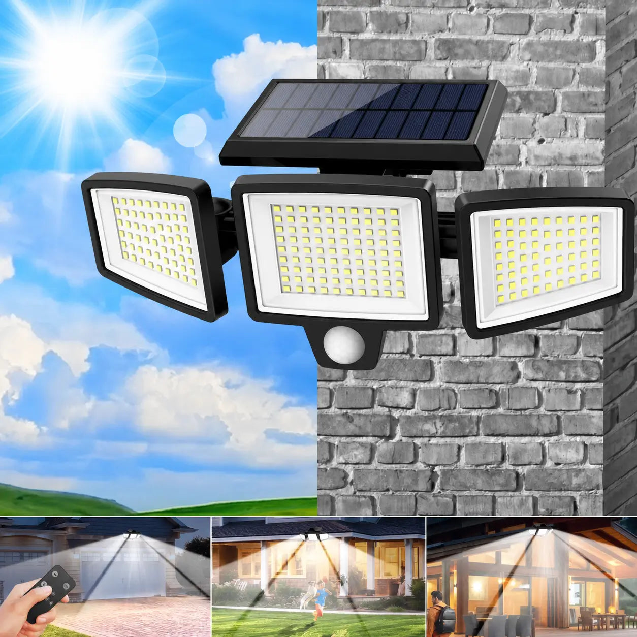 Lámpara solar exterior amplia de seguridad 2500LM con 3 cabezales, sensor de movimiento y control remoto para patio, cochera y jardín