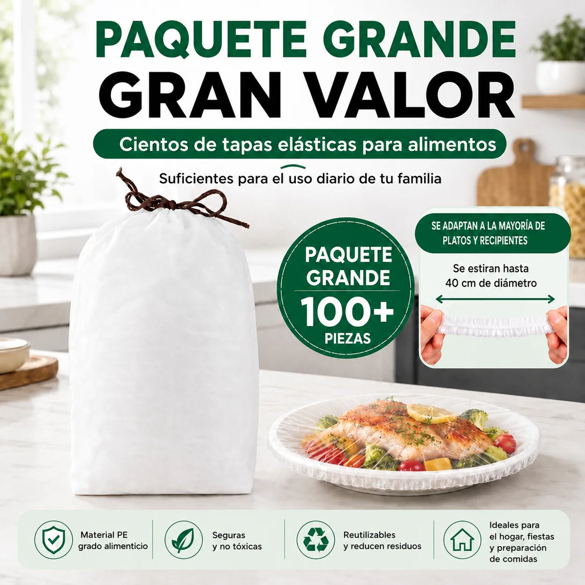 Cubiertas elásticas reutilizables para bowls, platos y recipientes, sin plástico adherente