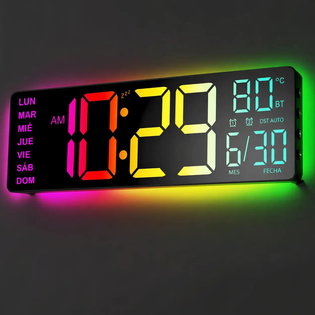 Reloj digital de pared LED 16.5 pulgadas con luz RGB, Bluetooth y alarmas dobles para sala, oficina, cocina o setup gamer