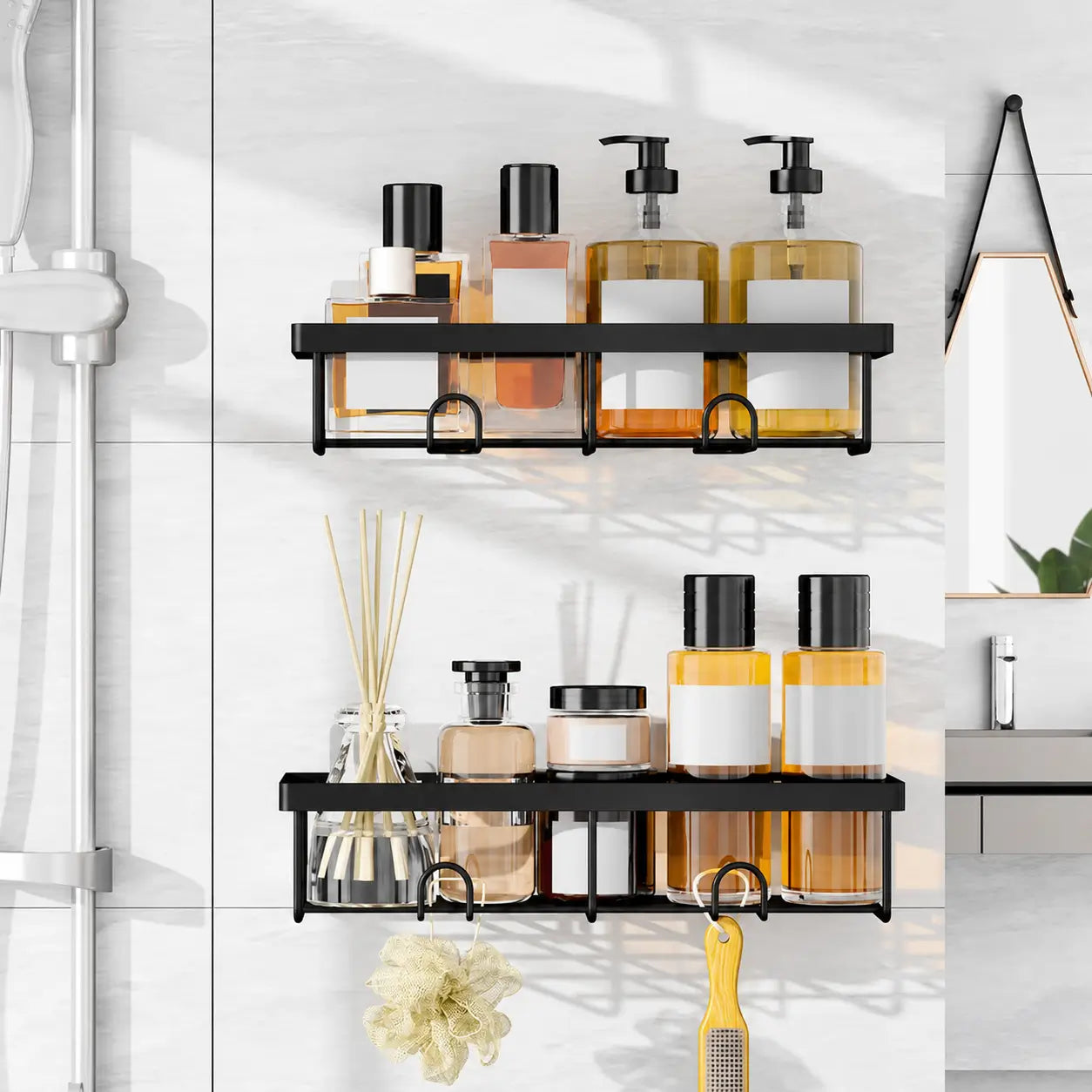 Organizador de regadera sin taladro set de 5 piezas, repisas negras antioxidantes con ganchos removibles para baño y cocina más ordenados