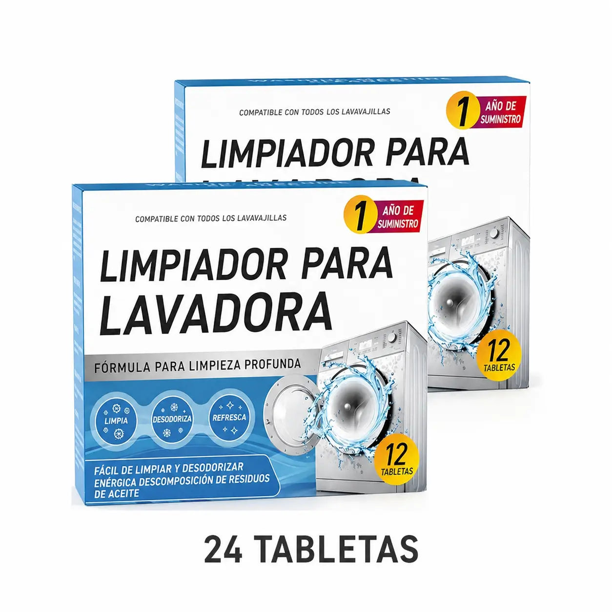 Tabletas limpiadoras para lavadora 12 piezas, limpieza profunda y desodorización de tambor y sello en carga frontal o superior HE doméstica