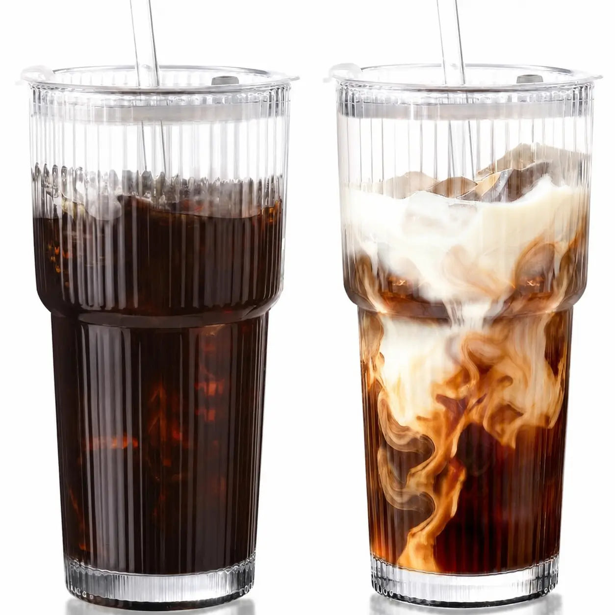 Set de 4 vasos de vidrio acanalado con tapa y popote reutilizable para café frío, smoothies y bebidas diarias sin derrames