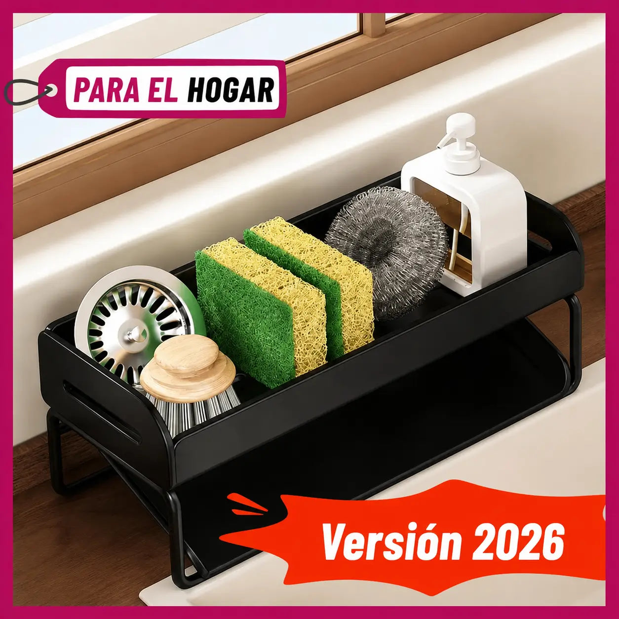 Organizador metálico para tarja con porta cepillo alto y divisores, ideal para esponjas, jabón y mantener la cocina ordenada sin ocupar espacio