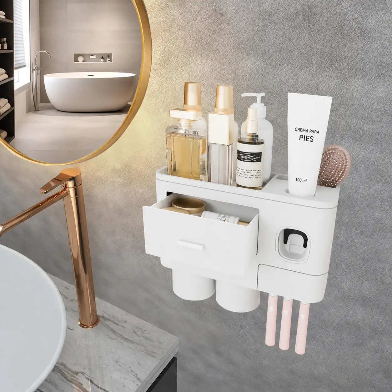 Soporte organizador para baño con dispensador automático doble, vasos invertidos y bandeja amplia para ahorrar espacio junto al lavabo cada mañana