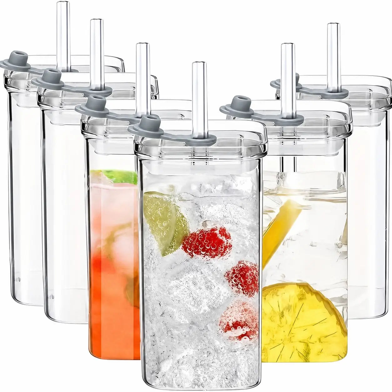 Set de 4 vasos de vidrio cuadrados con tapa y popote, 350 ml, para café frío, jugos y cocteles en casa u oficina