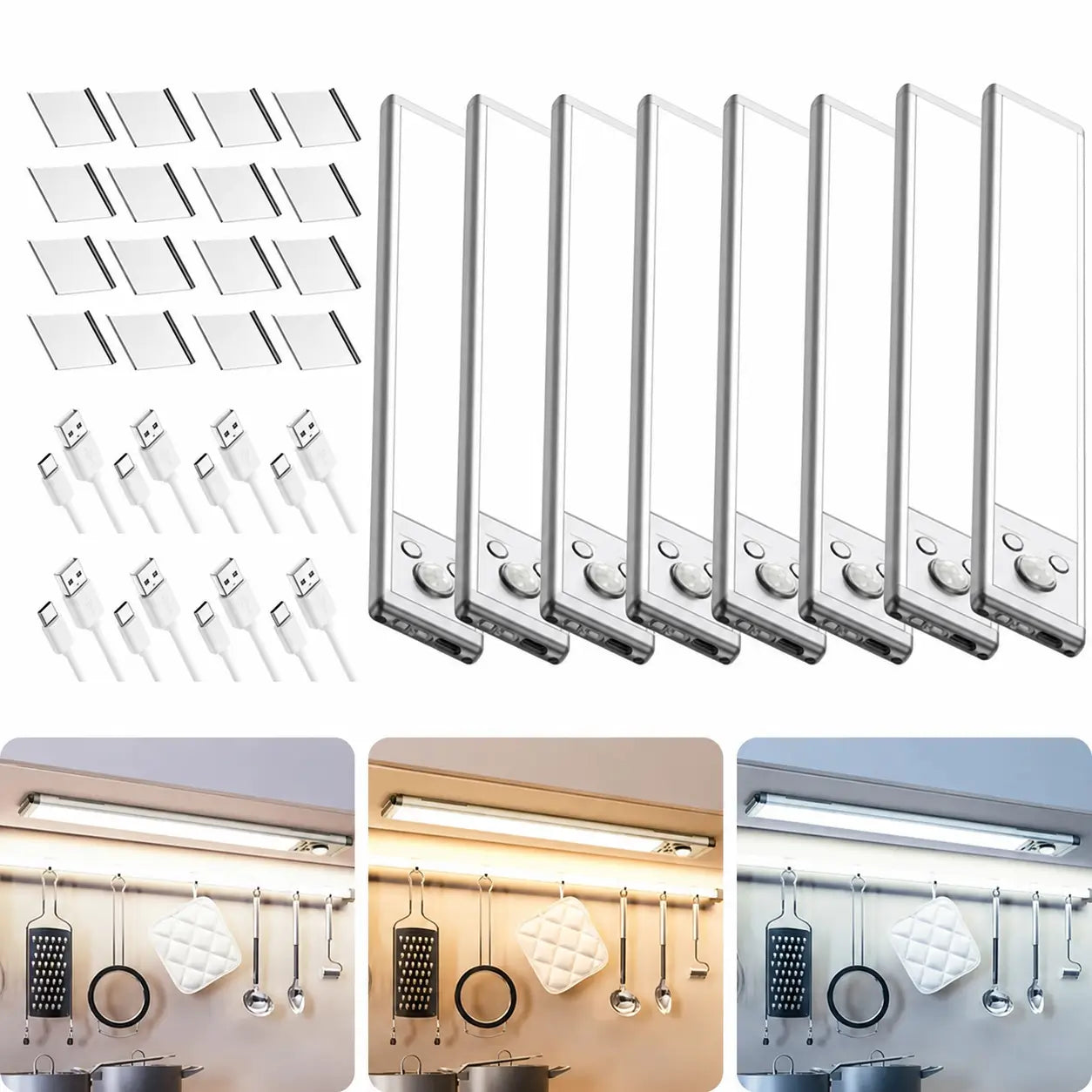 Paquete de 2 lámparas LED bajo gabinete con sensor de movimiento, carga USB-C y brillo regulable para cocina, clóset y escaleras