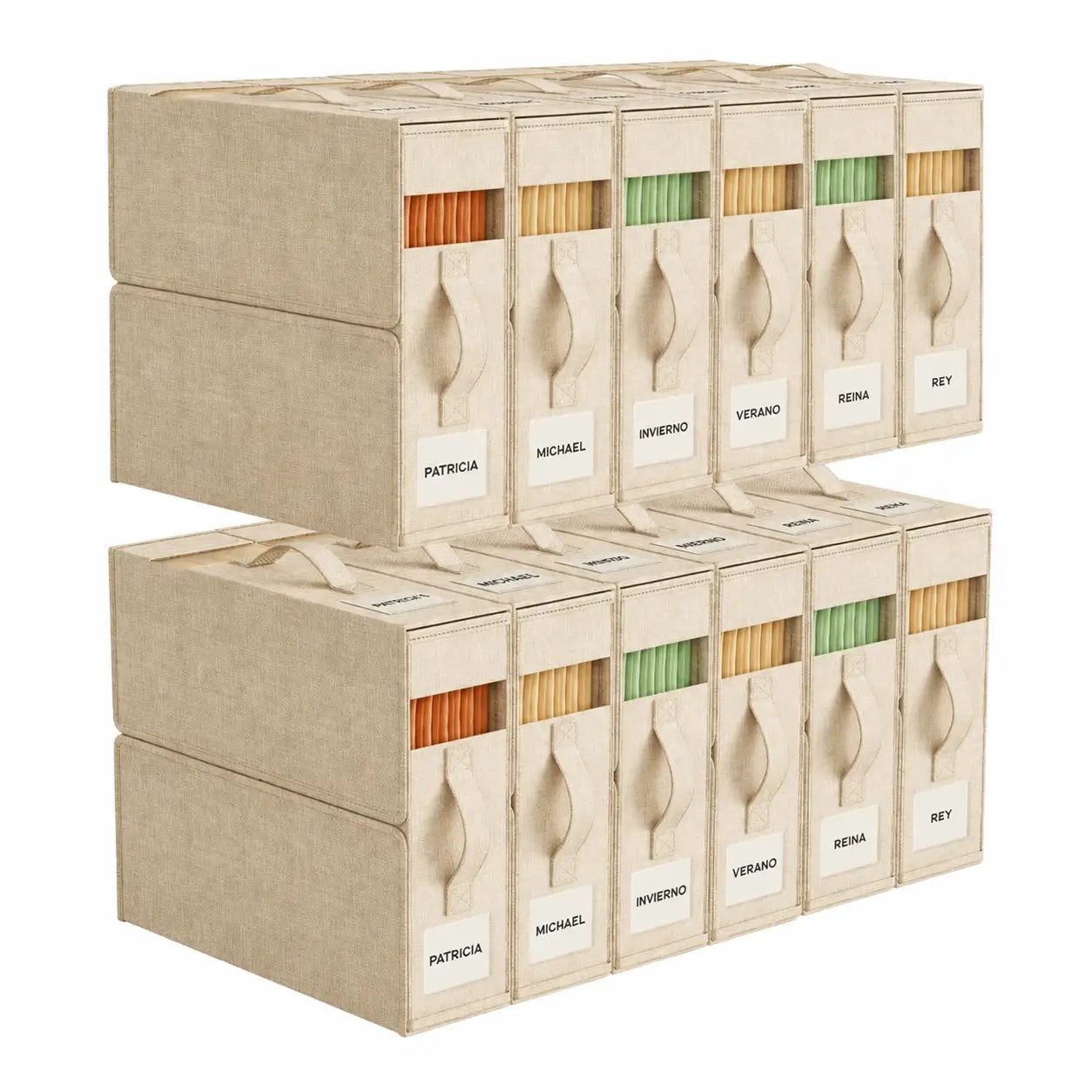Set de 4 organizadores para sábanas con ventana transparente, cajas plegables para clóset de blancos king y queen con asa reforzada