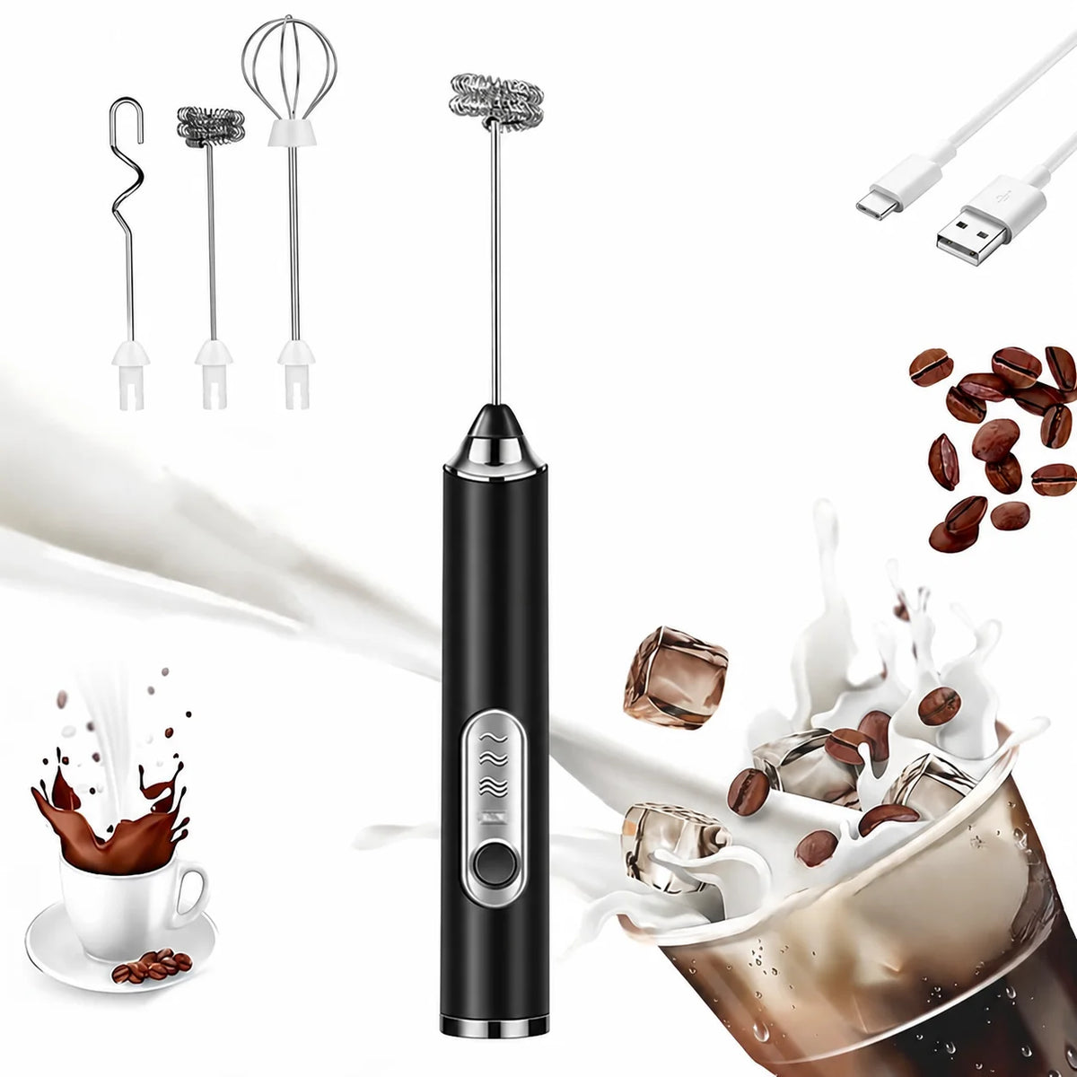Batidor eléctrico de mano recargable USB-C con varillas desmontables para espumar leche, mezclar huevo y preparar café en casa fácilmente cada día
