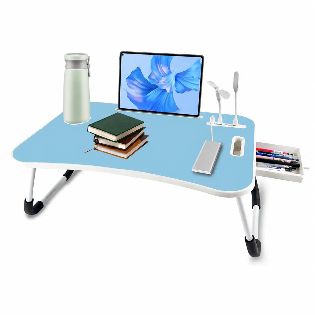 Mesa plegable para laptop con 4 puertos USB, cajón y portavasos para trabajar, leer o estudiar cómodo en cama o sofá