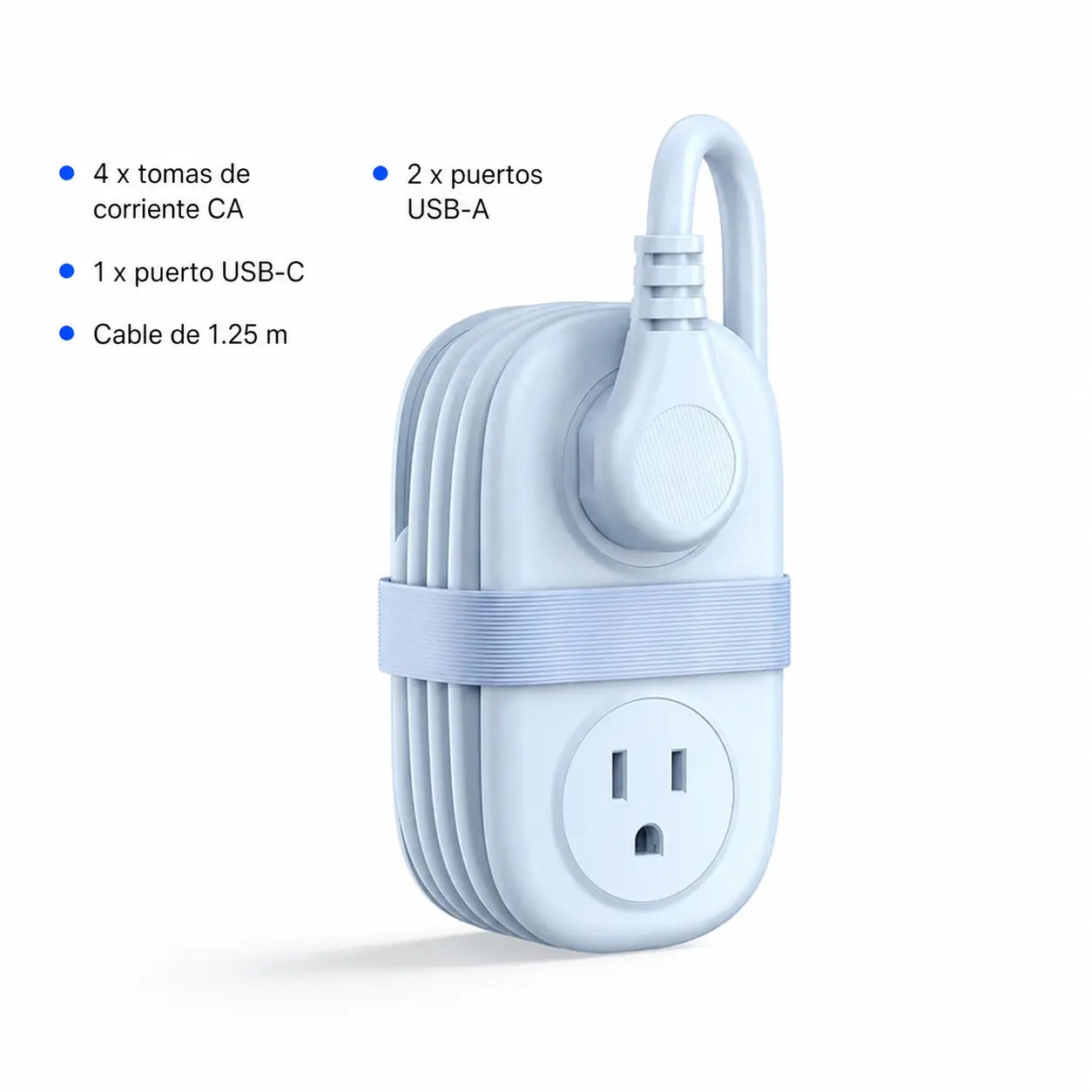 Multicontacto de viaje compacto con 4 tomas AC, USB-A y USB-C, cable de 1.25 m para hotel, crucero y escritorio ordenado