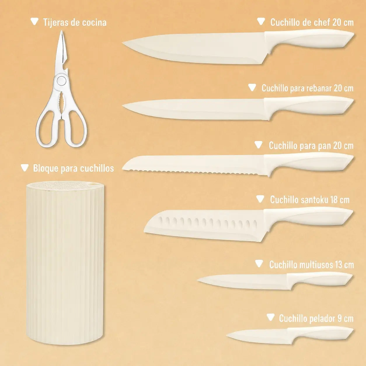 Set completo de cuchillos negros de 8 piezas resistentes al óxido con tijeras y bloque para cocina diaria en tu hogar con cortes precisos