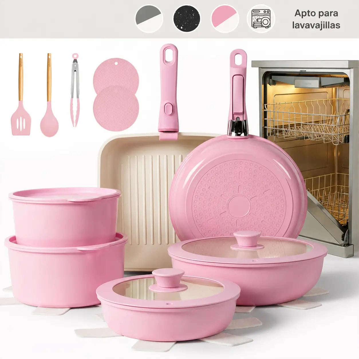 Set de ollas y sartenes cerámicos antiadherentes de 22 piezas con mango desmontable para cocina diaria y espacios pequeños en casa