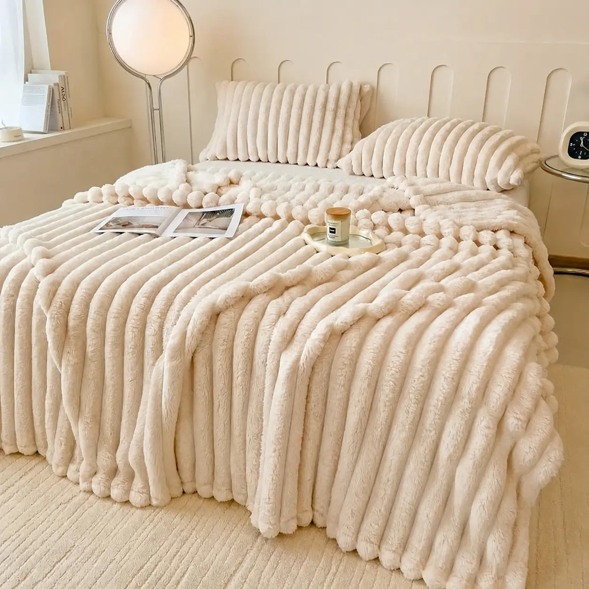 Manta de fleece súper suave con textura de rayas, ligera y decorativa para sofá, cama, sala, oficina o dormitorio todo el año