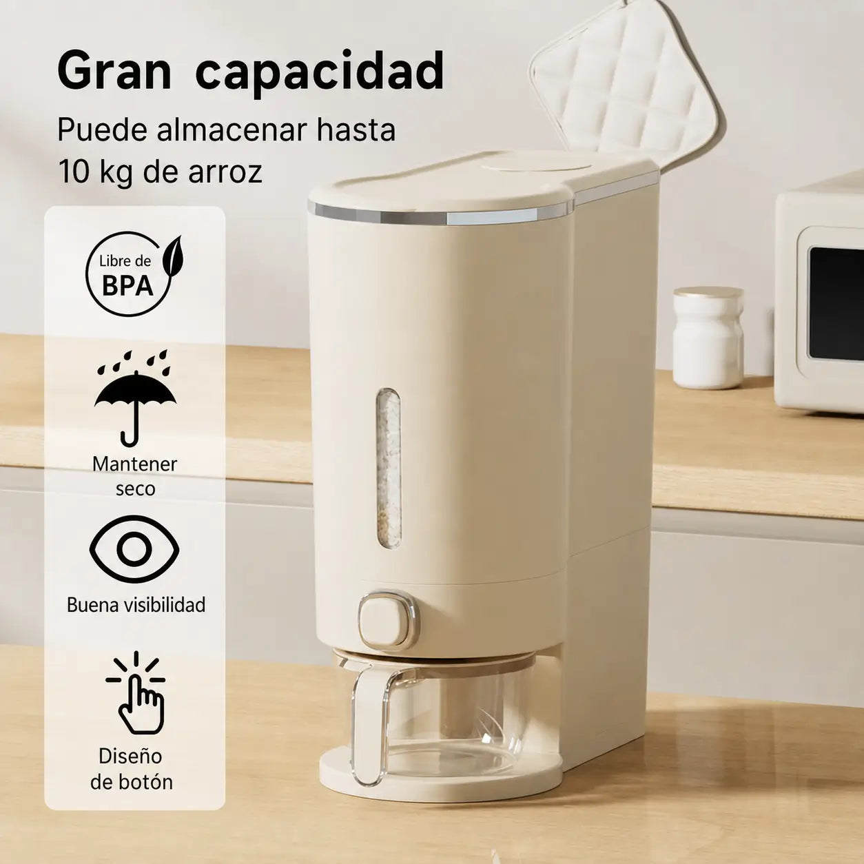 Dispensador hermético de arroz con taza medidora y protección contra insectos para cocina y despensa familiar ordenada de uso diario en casa