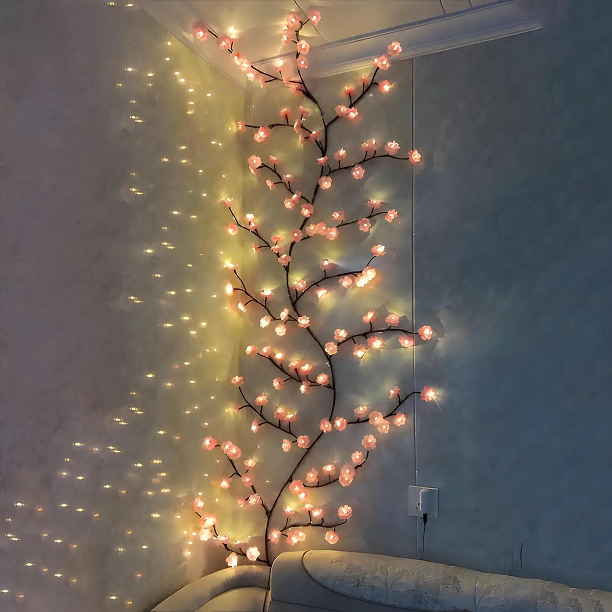 Guirnalda de ramas colgante con 144 luces LED USB, decoración DIY para pared en recámara, sala, fiestas, terraza y jardín