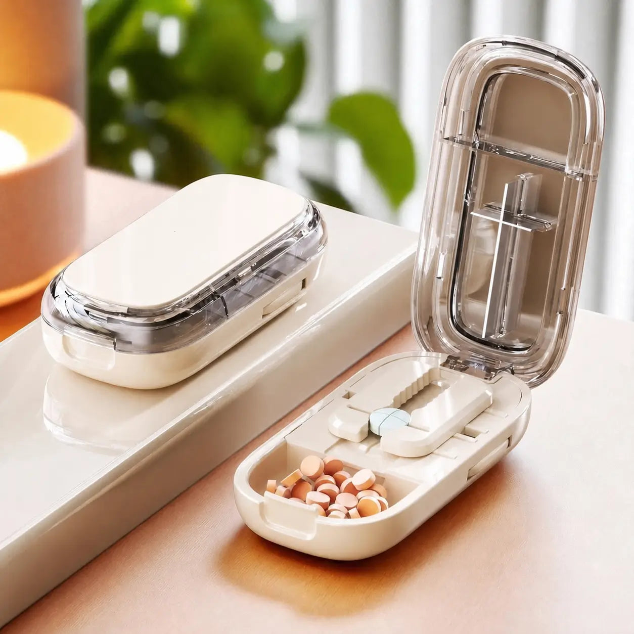 Cortador de pastillas ajustable con guía precisa, cuchilla de acero inoxidable y protector transparente para tabletas pequeñas en casa o de viaje