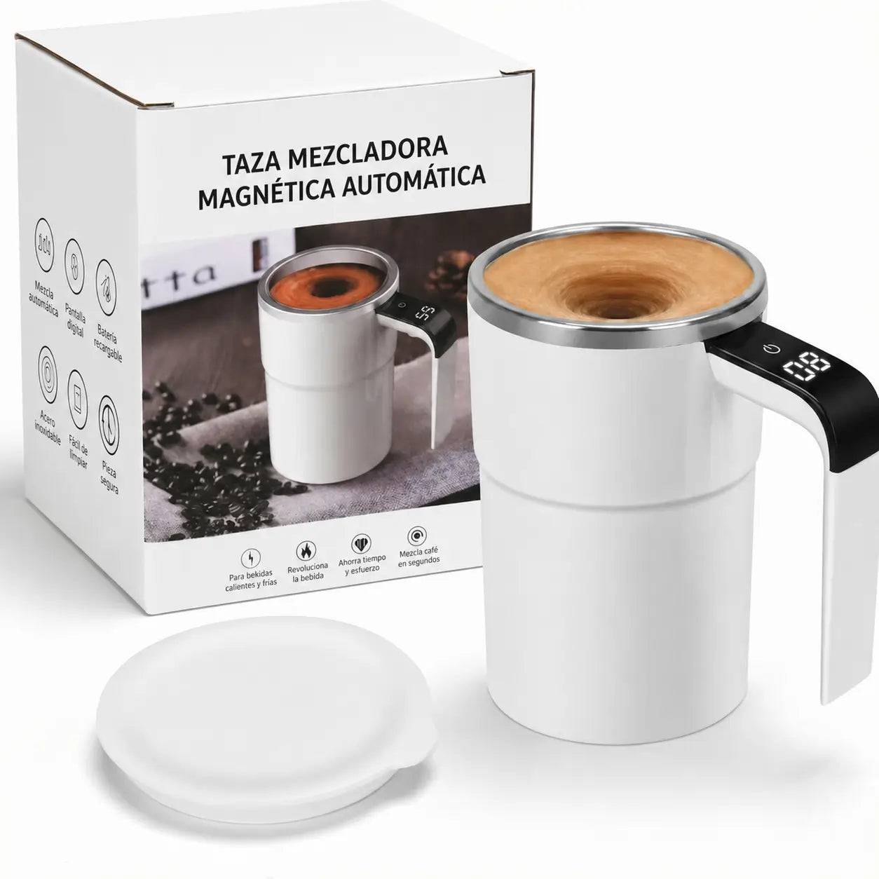 Taza mezcladora automática recargable con agitador magnético y termómetro LCD para café, leche y bebidas sin usar cuchara