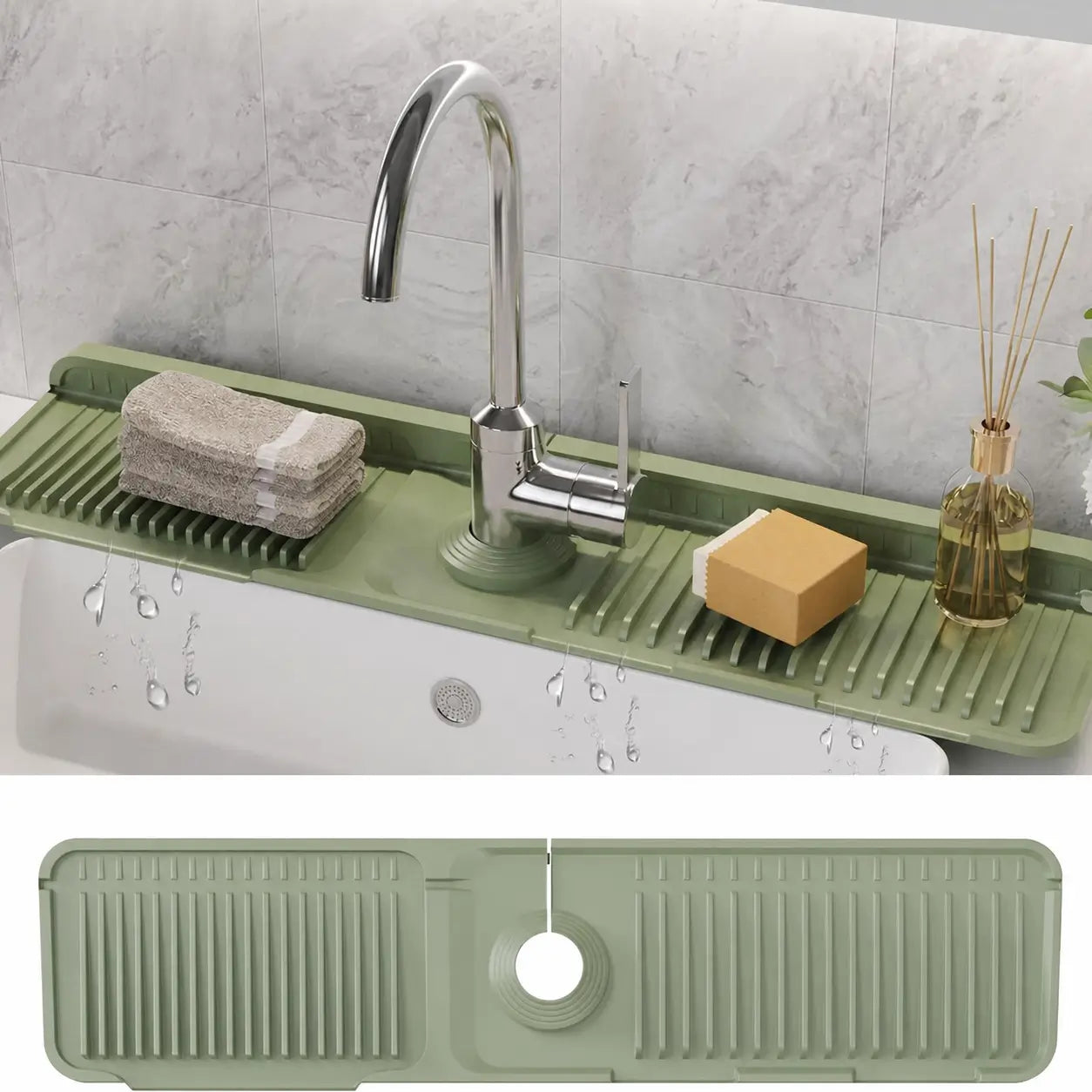 Tapete de silicón para grifo con drenado automático y seguro de botón para mantener seca tu tarja de cocina sin salpicaduras