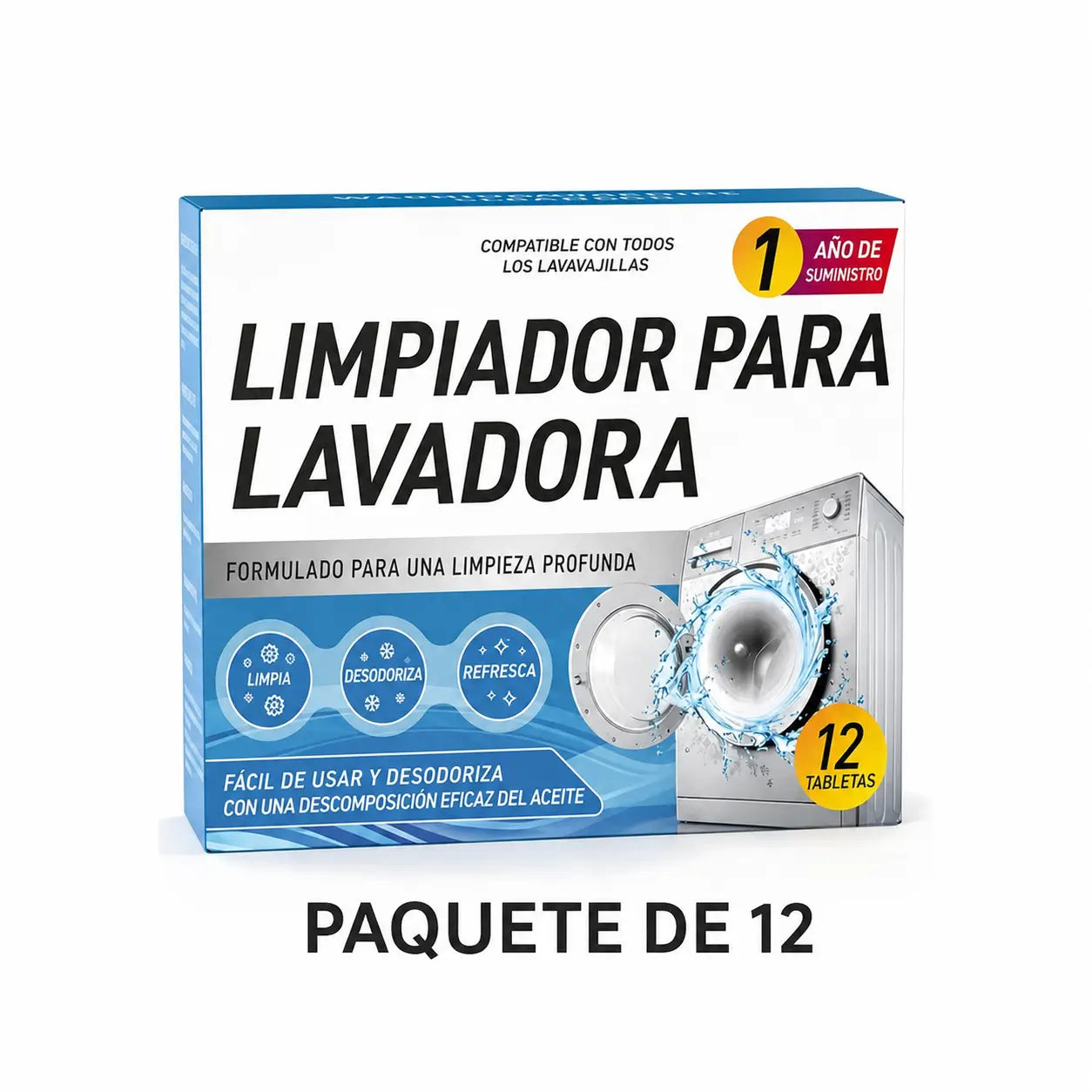 Tabletas limpiadoras para lavadora 12 piezas, limpieza profunda y desodorización de tambor y sello en carga frontal o superior HE doméstica