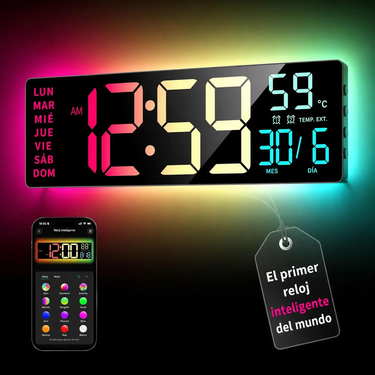 Reloj digital de pared LED 16.5 pulgadas con luz RGB, Bluetooth y alarmas dobles para sala, oficina, cocina o setup gamer