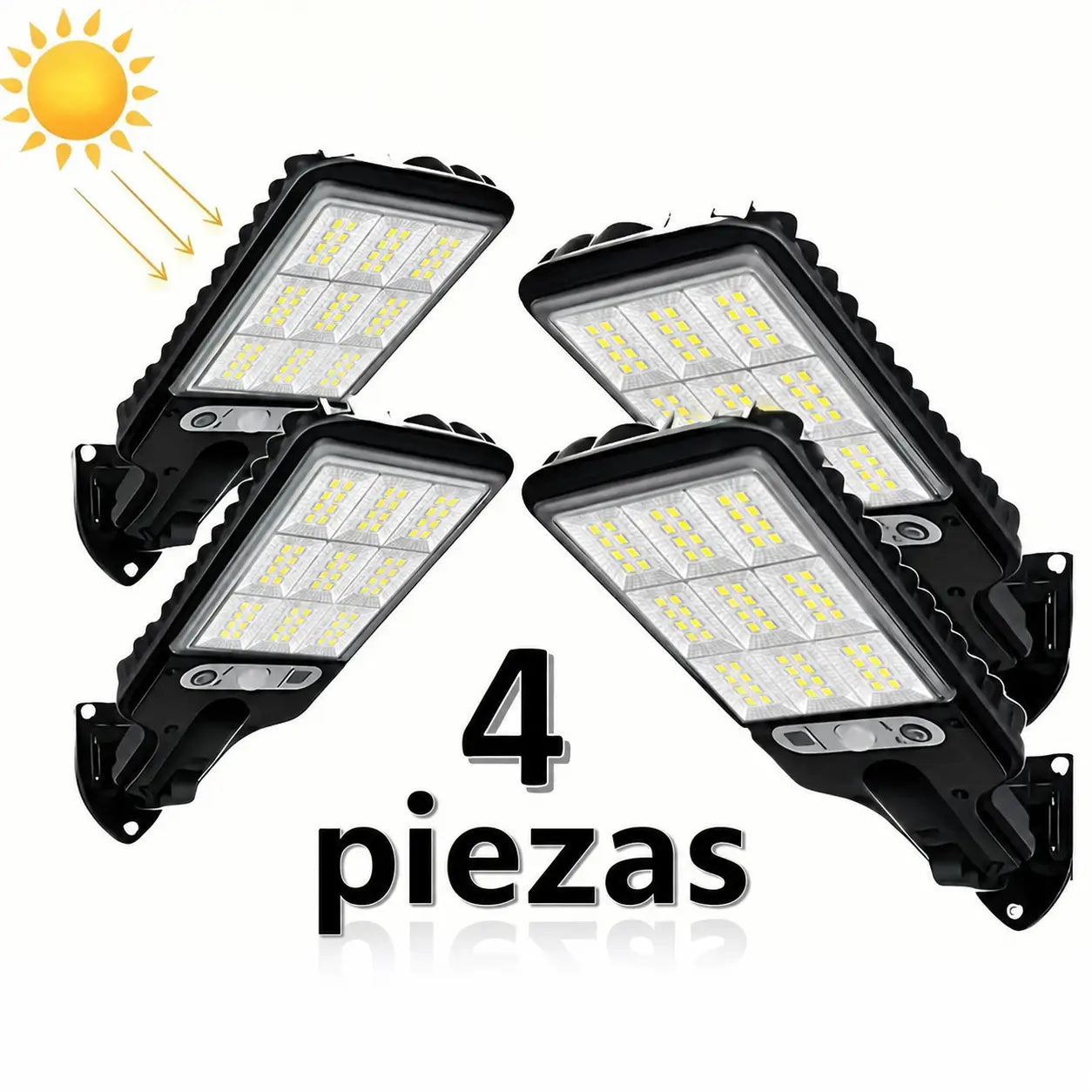 Reflectores solares LED exteriores paquete de 4 impermeables IP65 con sensor de movimiento y rotación 360° para garage, jardín y fachada