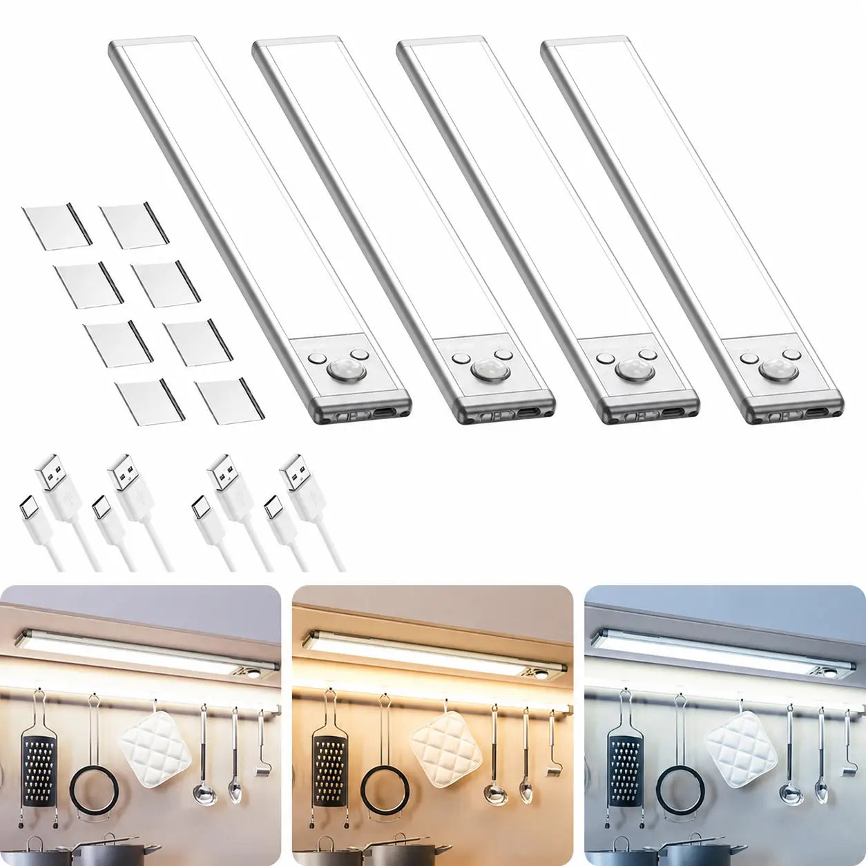 Paquete de 2 lámparas LED bajo gabinete con sensor de movimiento, carga USB-C y brillo regulable para cocina, clóset y escaleras
