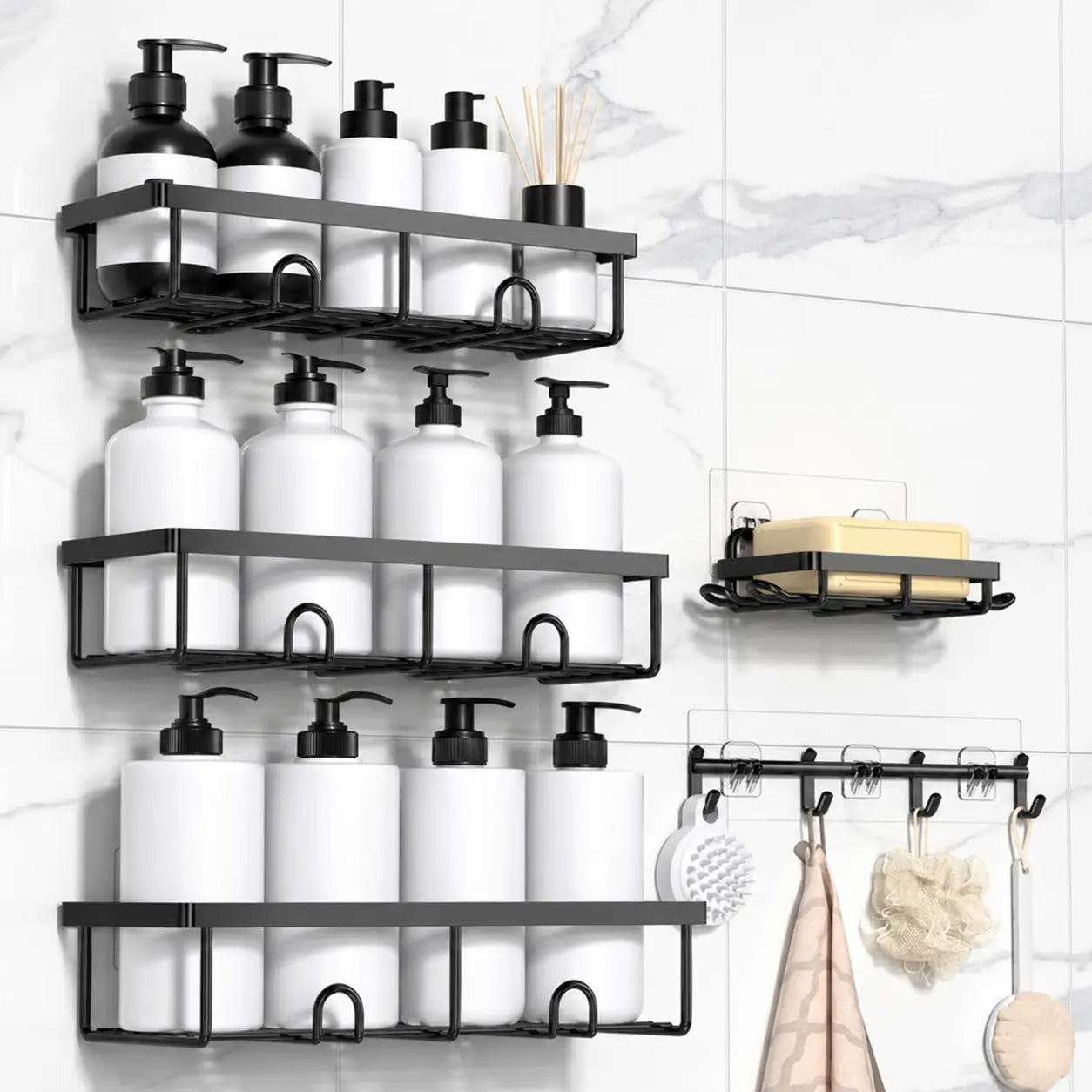 Organizador de regadera sin taladro set de 5 piezas, repisas negras antioxidantes con ganchos removibles para baño y cocina más ordenados