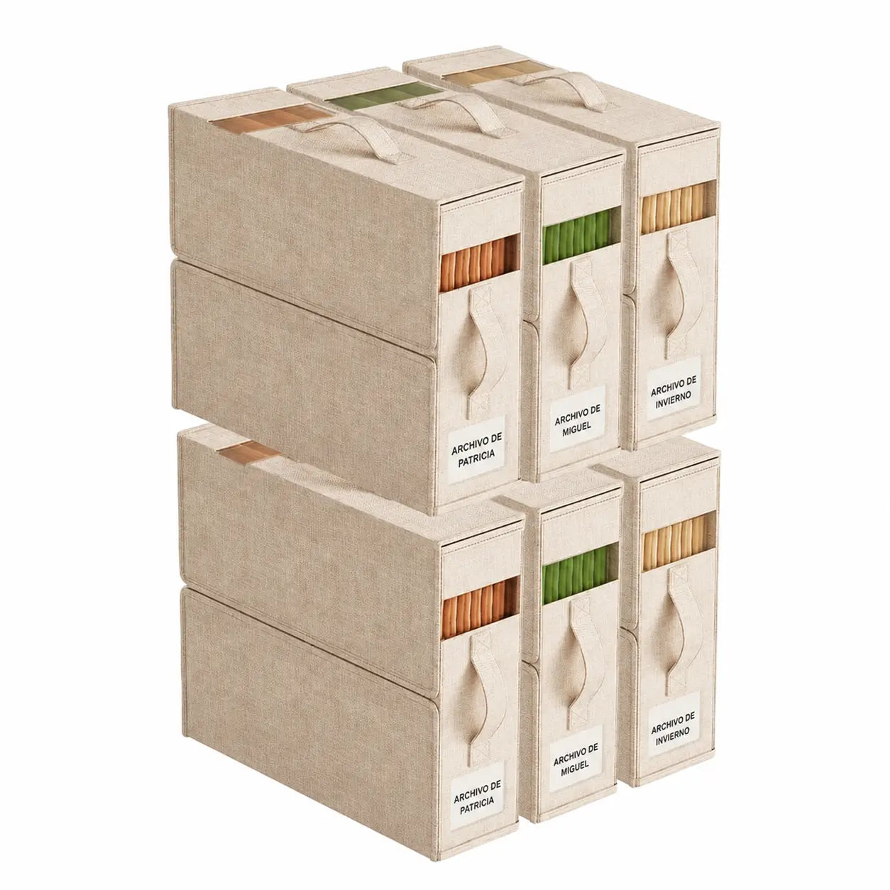 Set de 4 organizadores para sábanas con ventana transparente, cajas plegables para clóset de blancos king y queen con asa reforzada