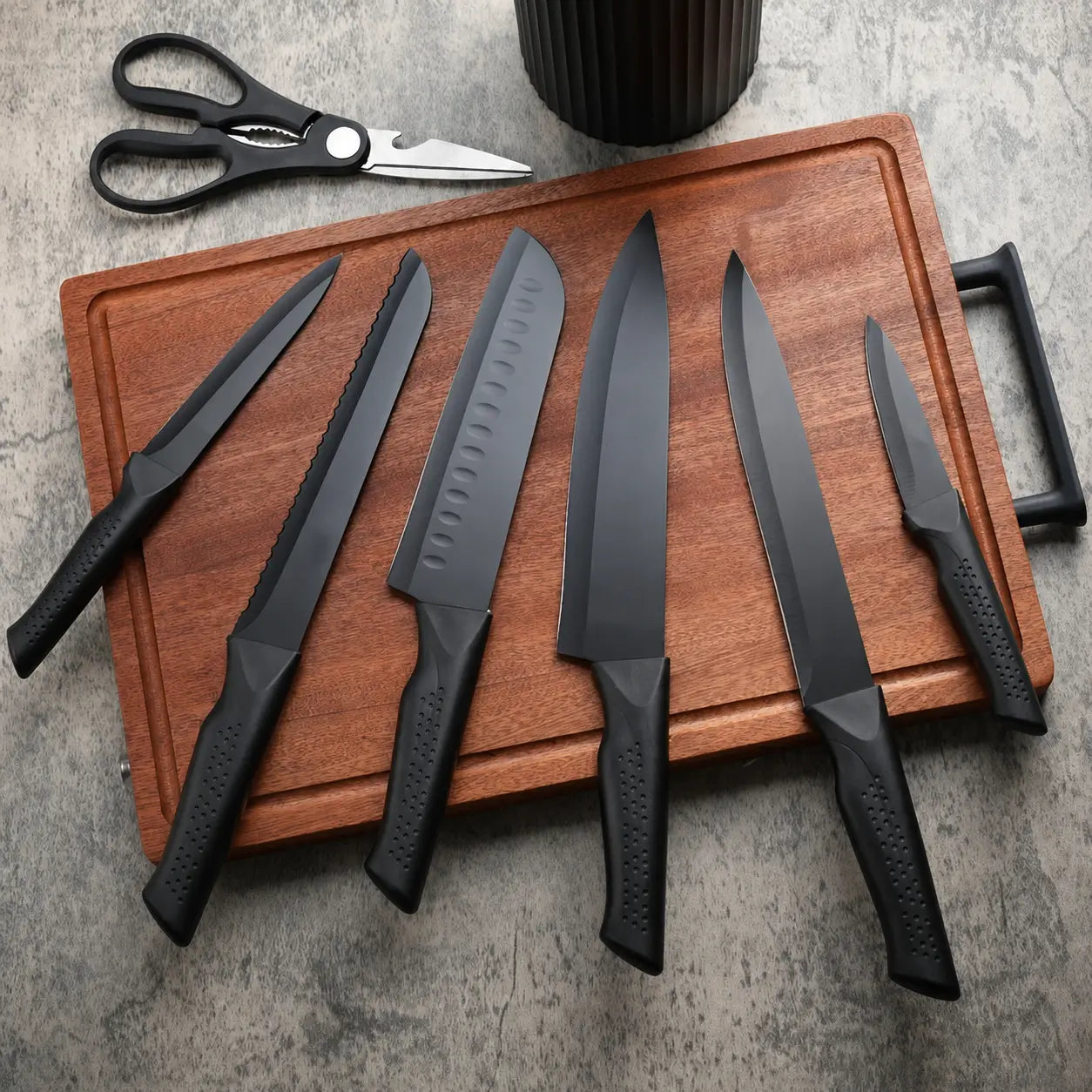 Set completo de cuchillos negros de 8 piezas resistentes al óxido con tijeras y bloque para cocina diaria en tu hogar con cortes precisos